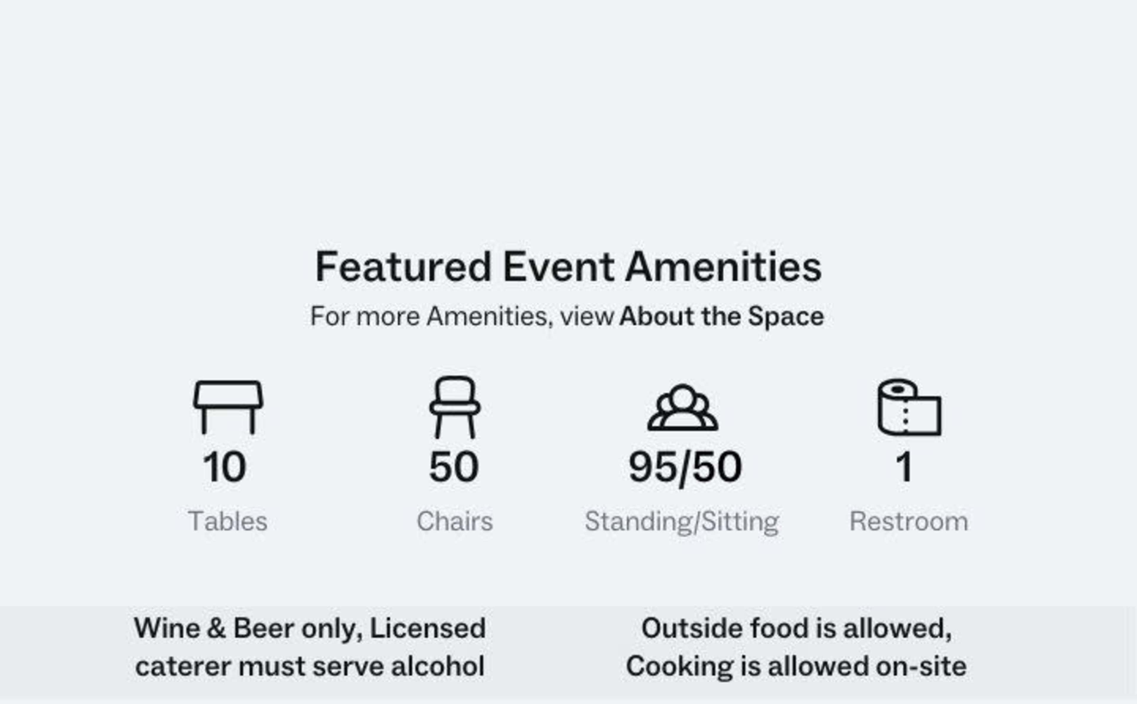 Event amenities, including 10 tables, 50 chairs, 95 people capacity, and 1 restroom, along with service guidelines for alcohol and food.