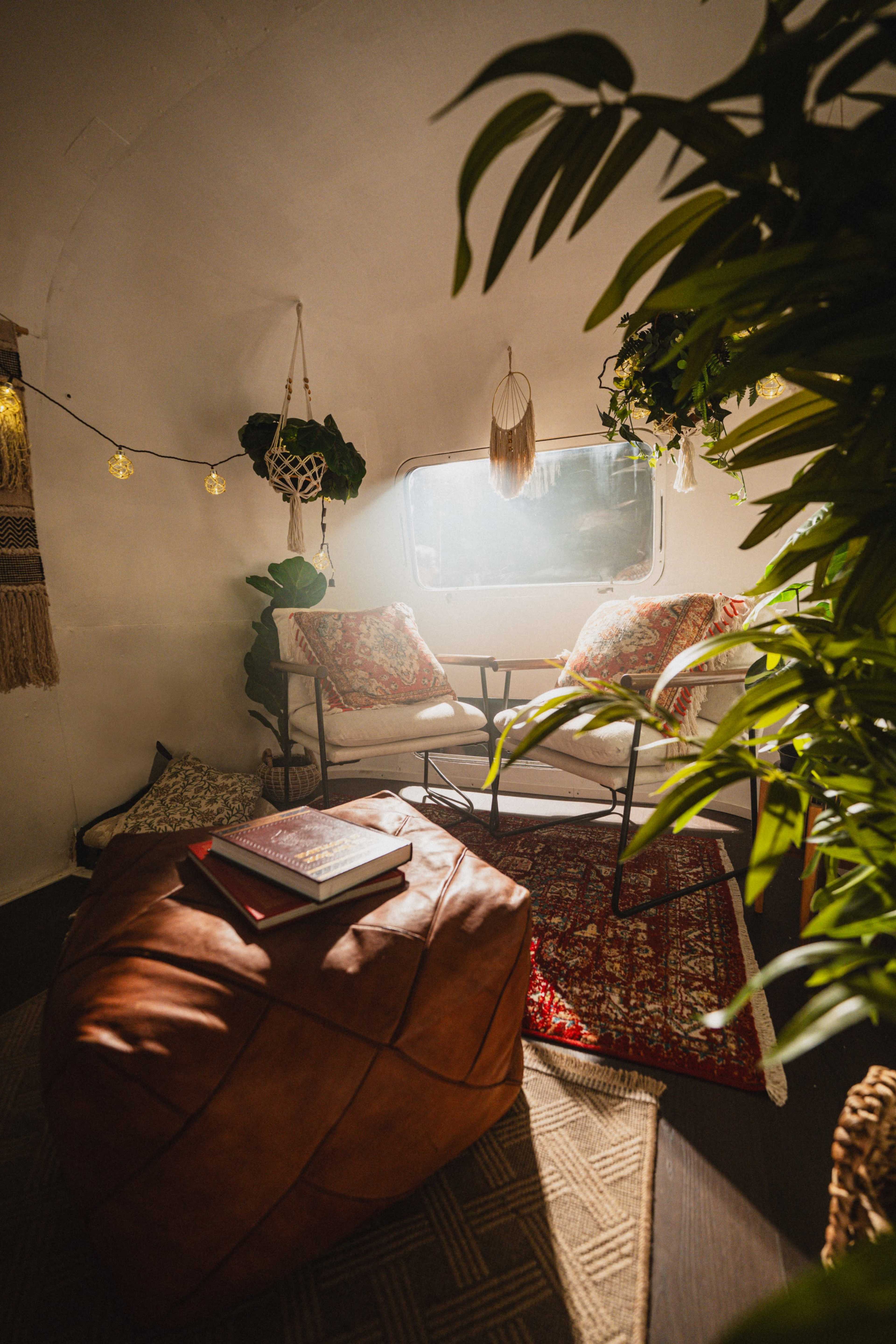 A cozy seating area with two chairs and a large pouf, surrounded by plants and illuminated by natural light through a window.