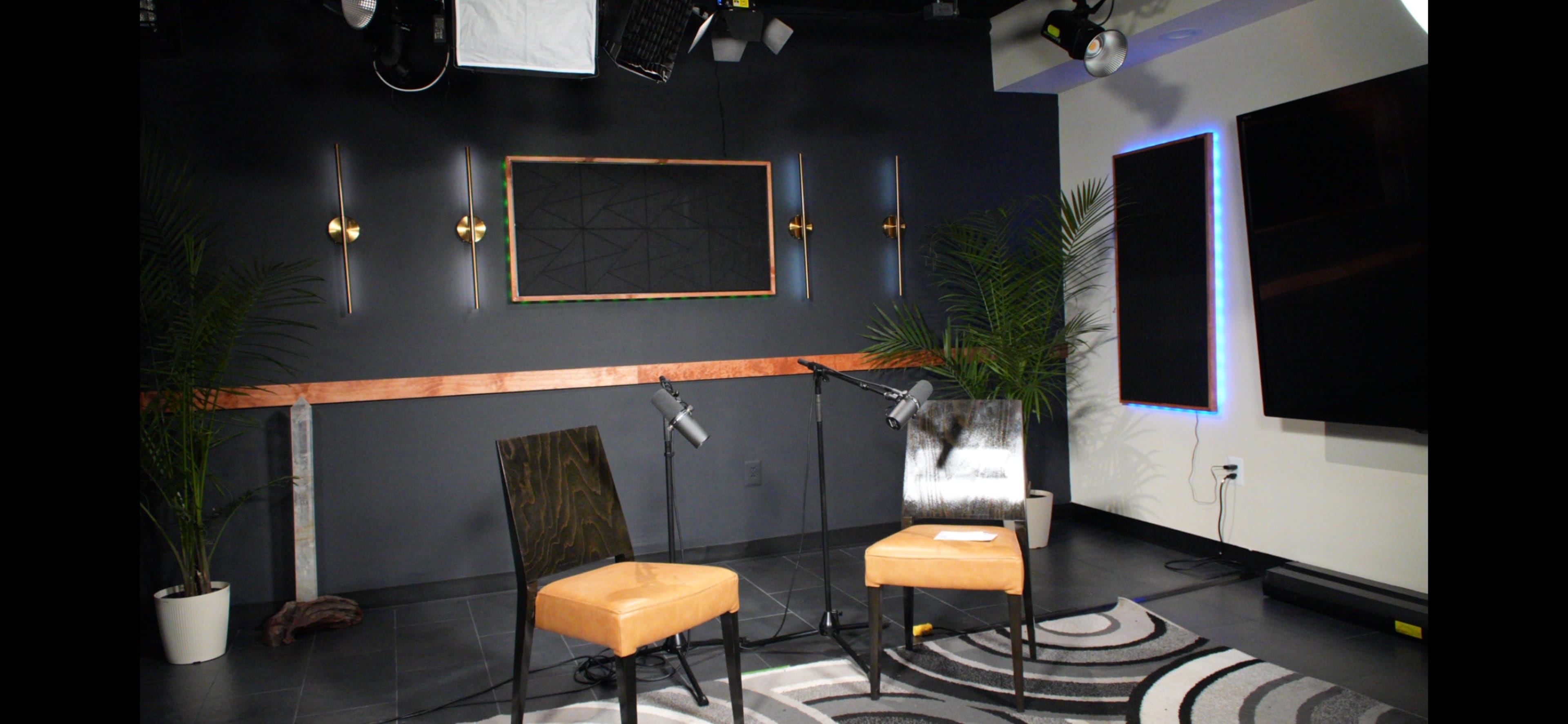 The image shows a recording studio setup with two chairs, two microphones, and a dark wall featuring decorative elements and plants in the background.