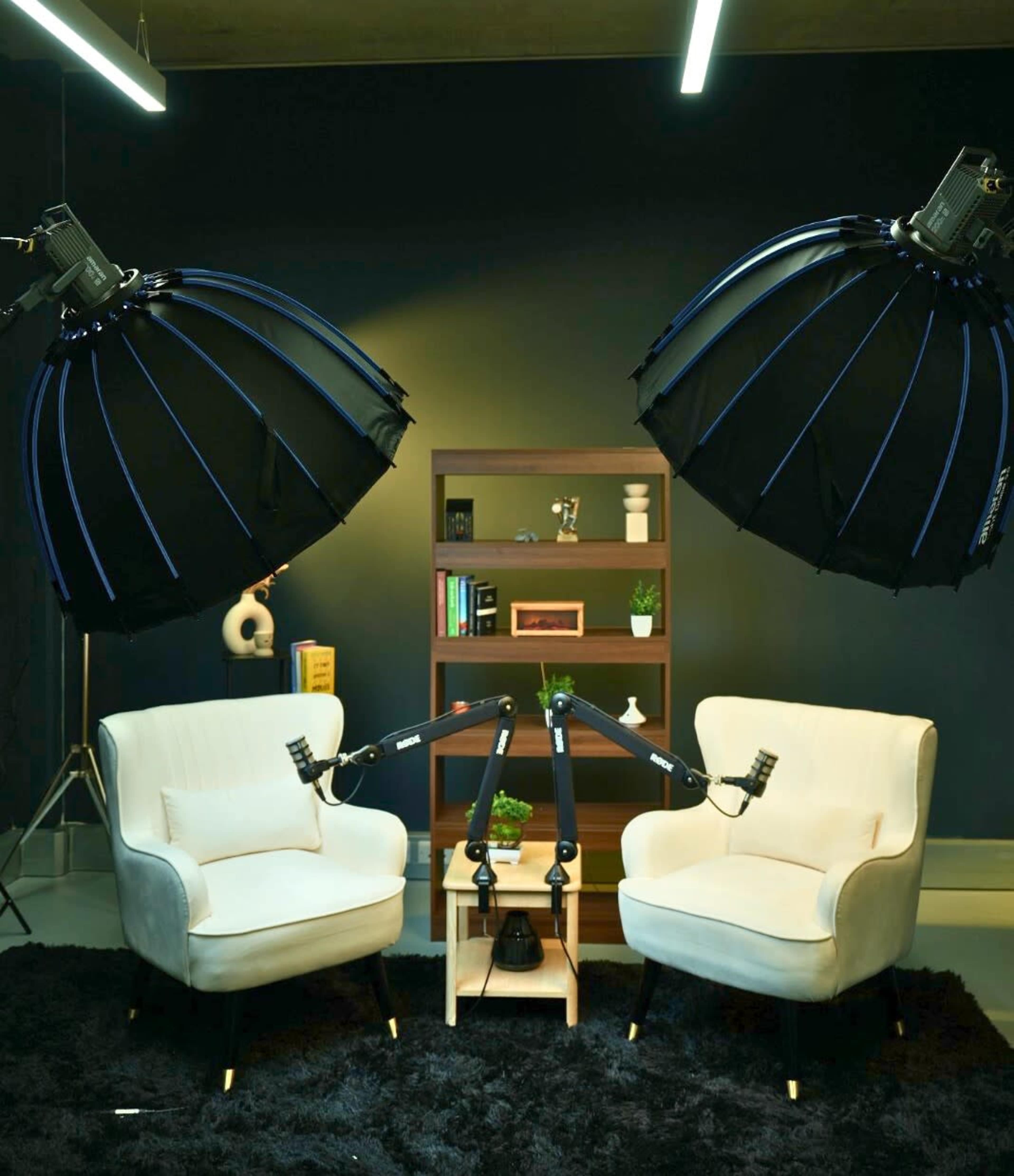 The image shows a well-lit studio setup featuring two white chairs facing each other, with large softbox lights positioned above and a bookshelf in the background.