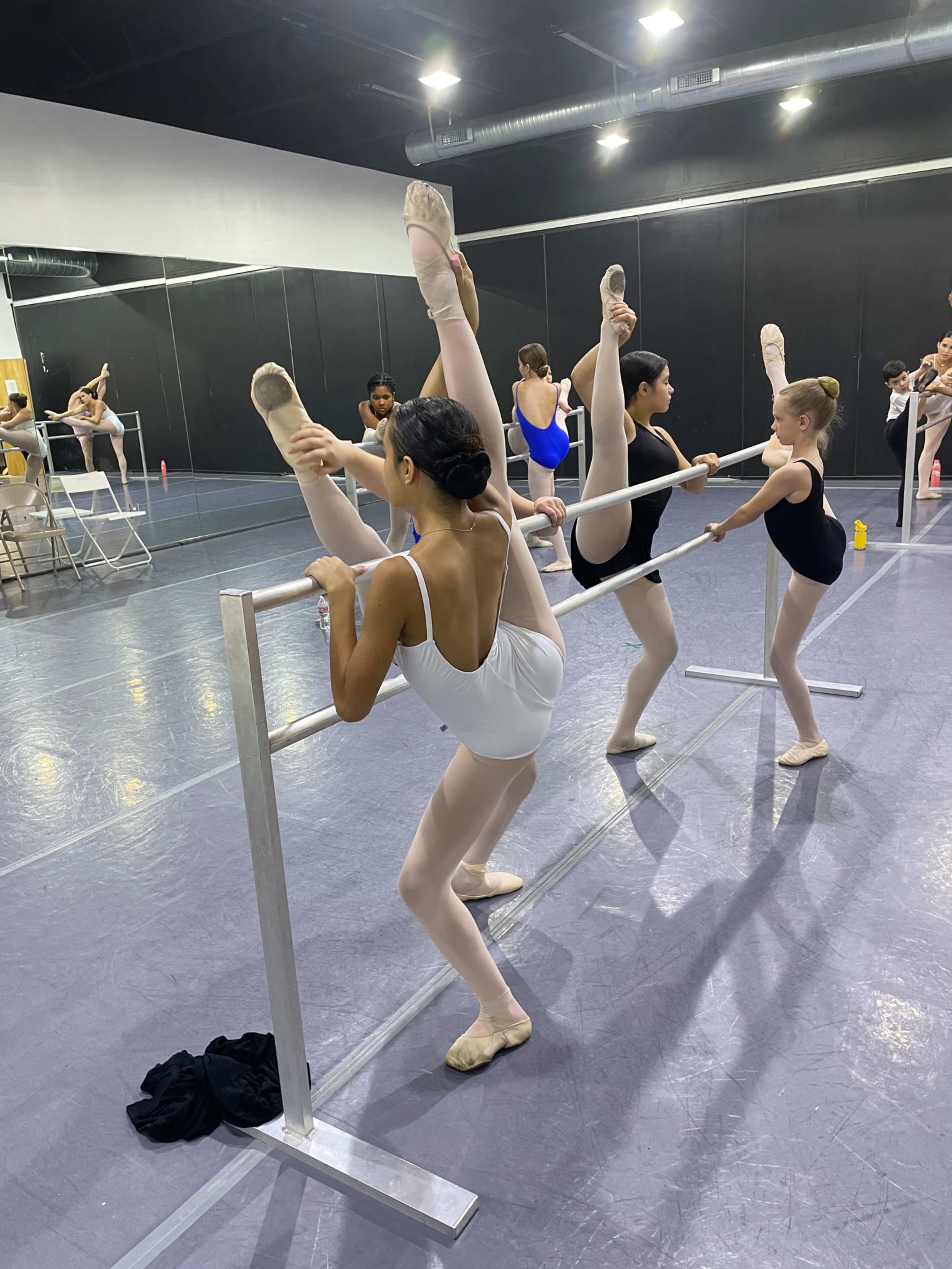Several ballet dancers perform exercises at a barre in a dance studio.