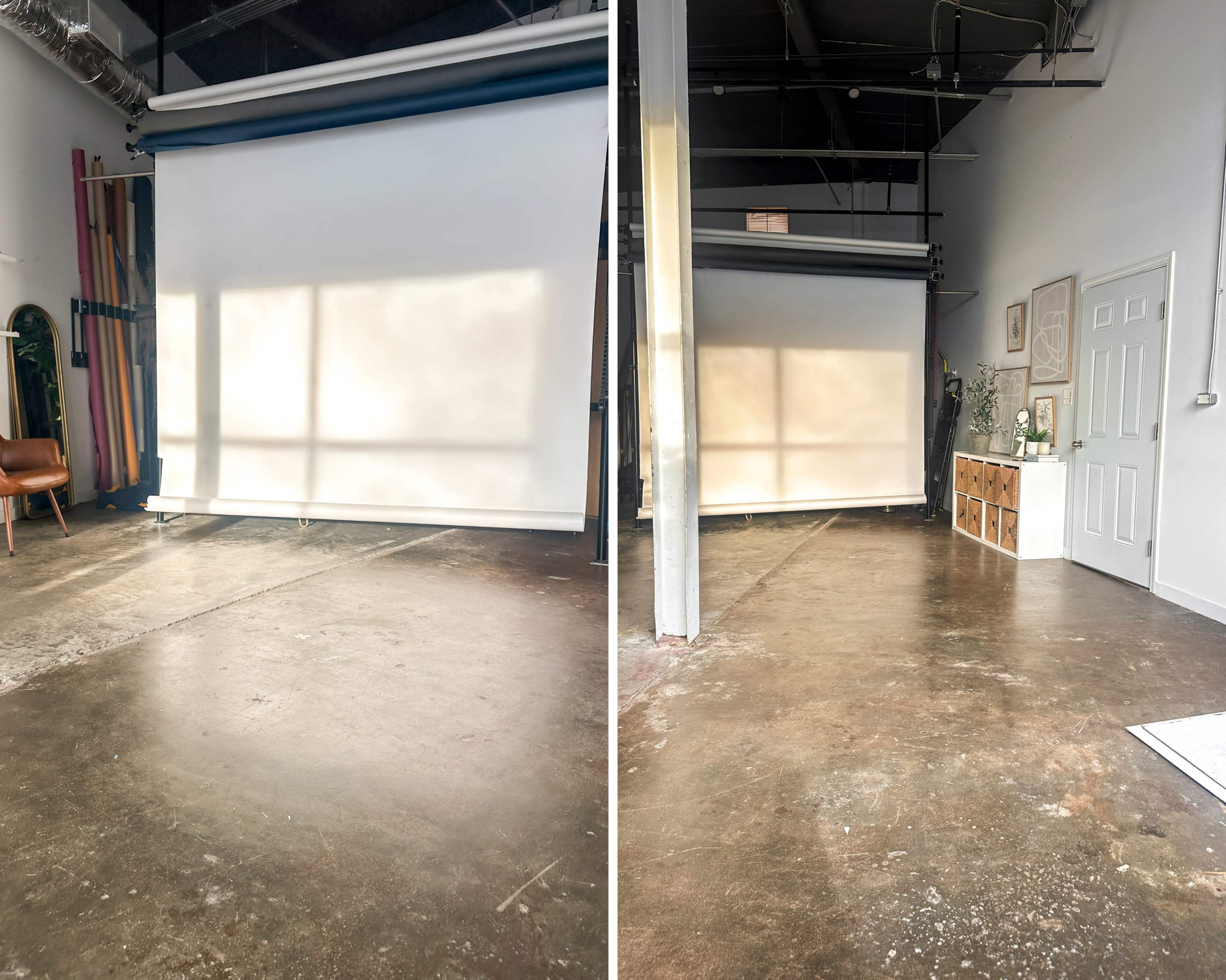 The image shows an empty studio space with a large backdrop and a polished concrete floor, featuring a few pieces of furniture and decor along the walls.