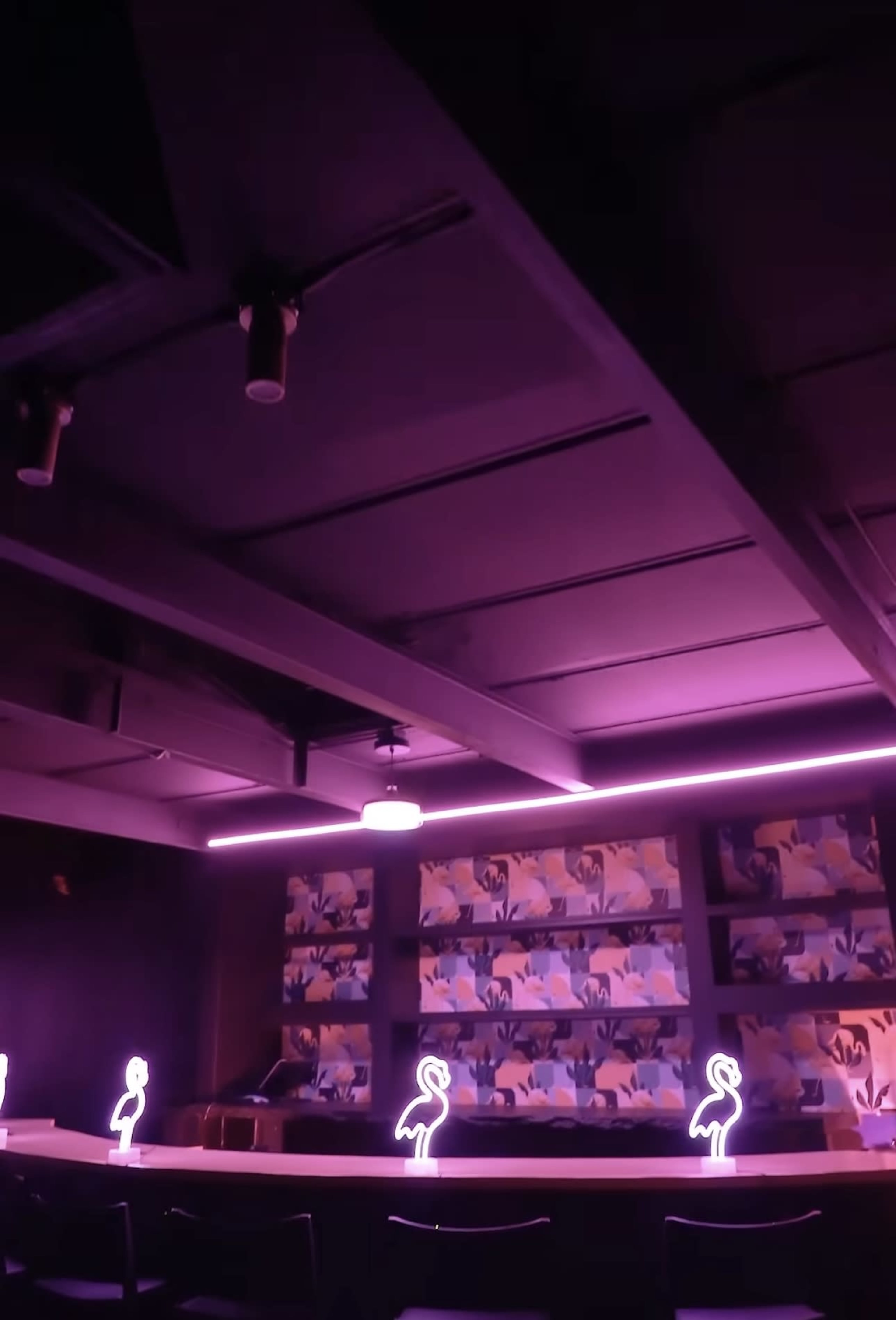 The image shows a dimly lit room with a bar featuring neon flamingo lights and a colorful mural in the background.