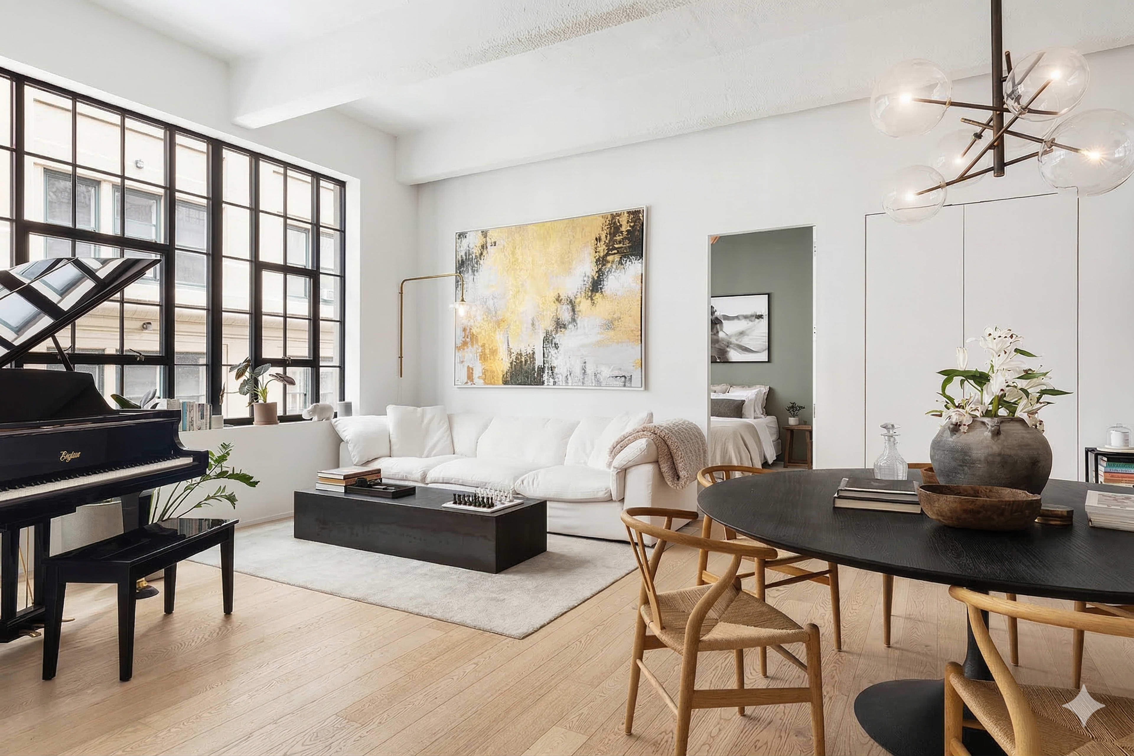 The image shows a bright, modern living space featuring a black grand piano, a white sofa, a circular dining table, and a large abstract painting on the wall.
