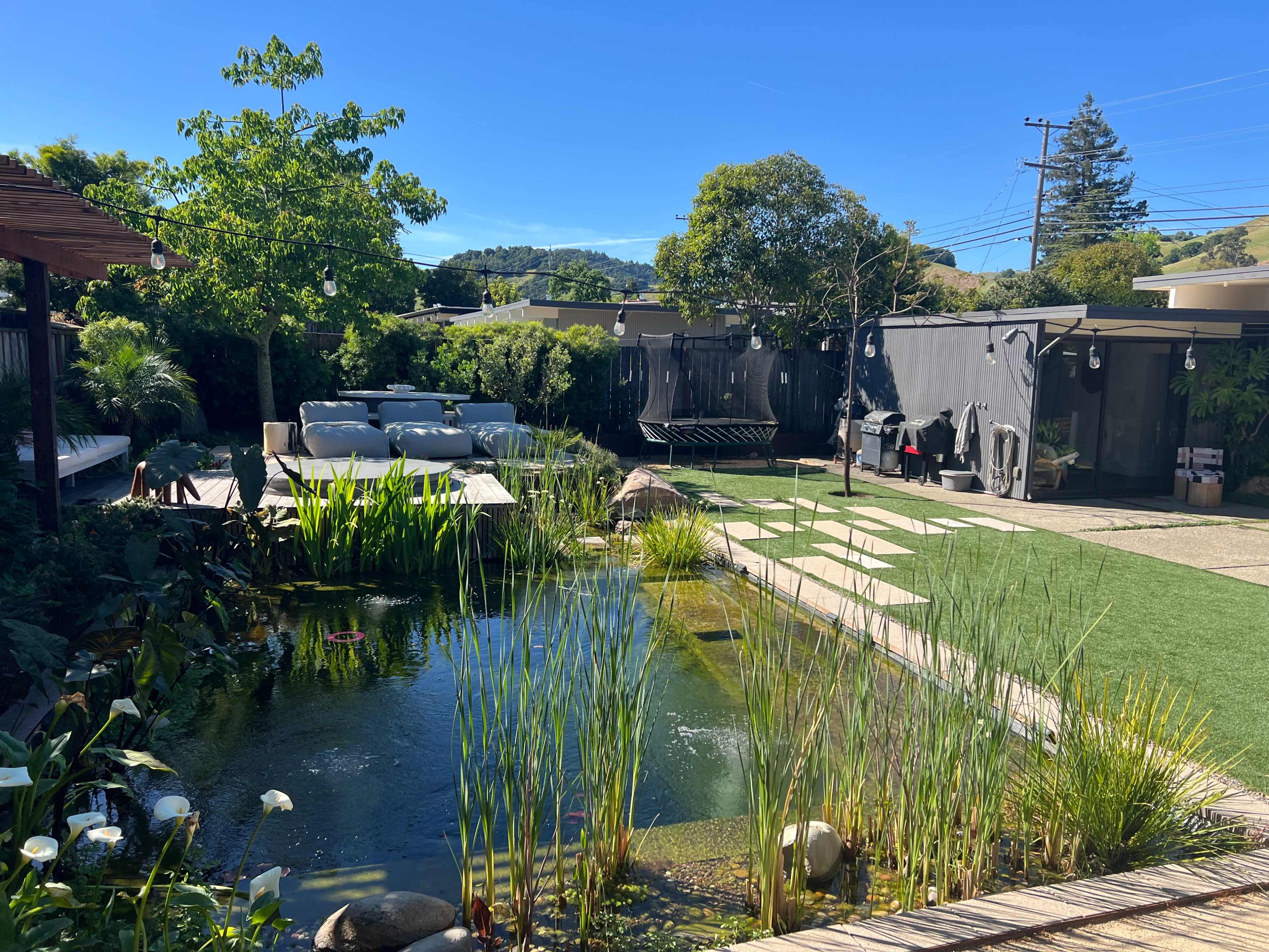 The image shows a landscaped backyard featuring a pond with water plants and a seating area, surrounded by greenery and modern structures.