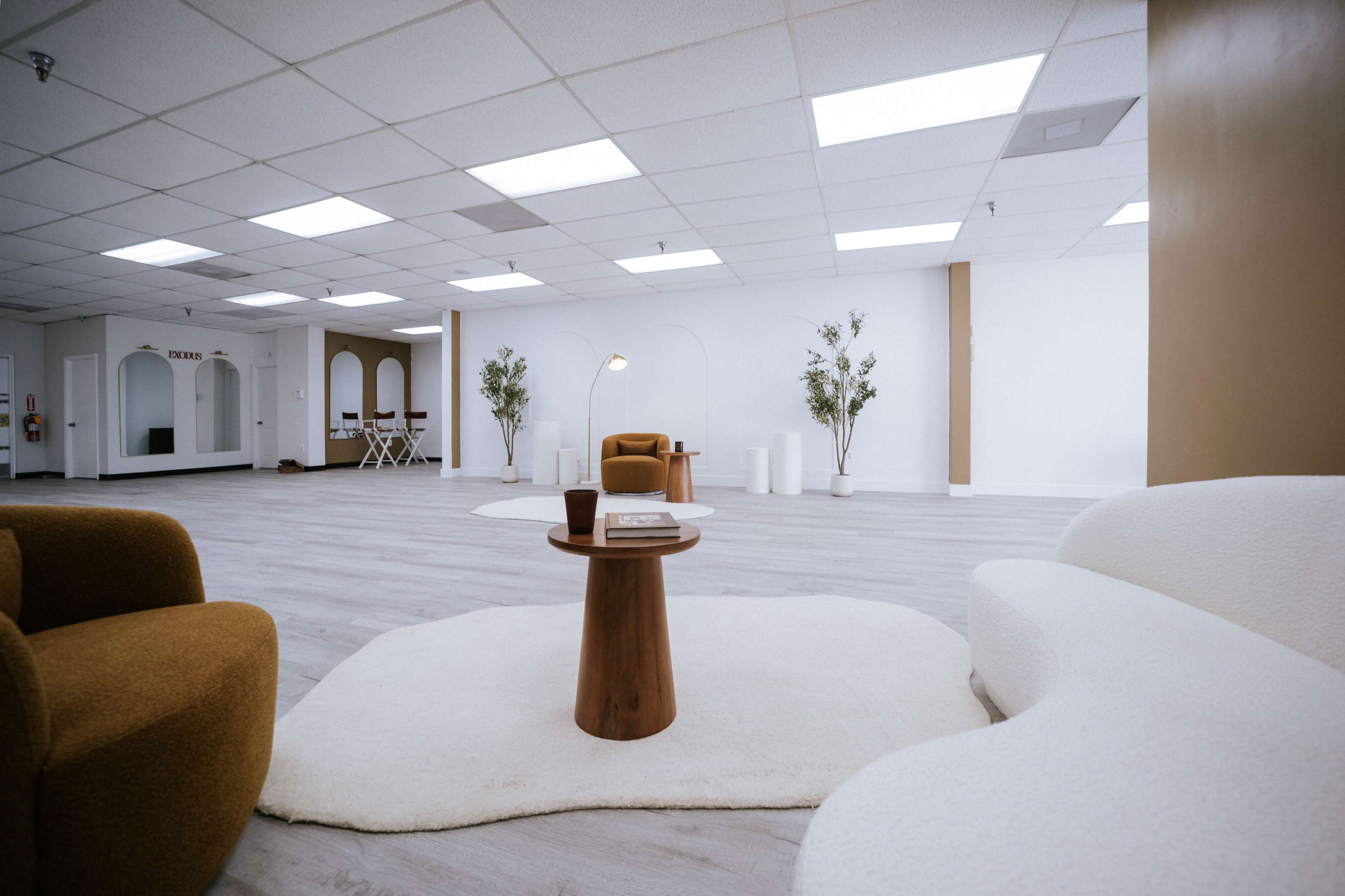 The image shows a spacious, minimalist interior with light-colored walls, a soft rug on the floor, a wooden coffee table, and modern seating arrangements.