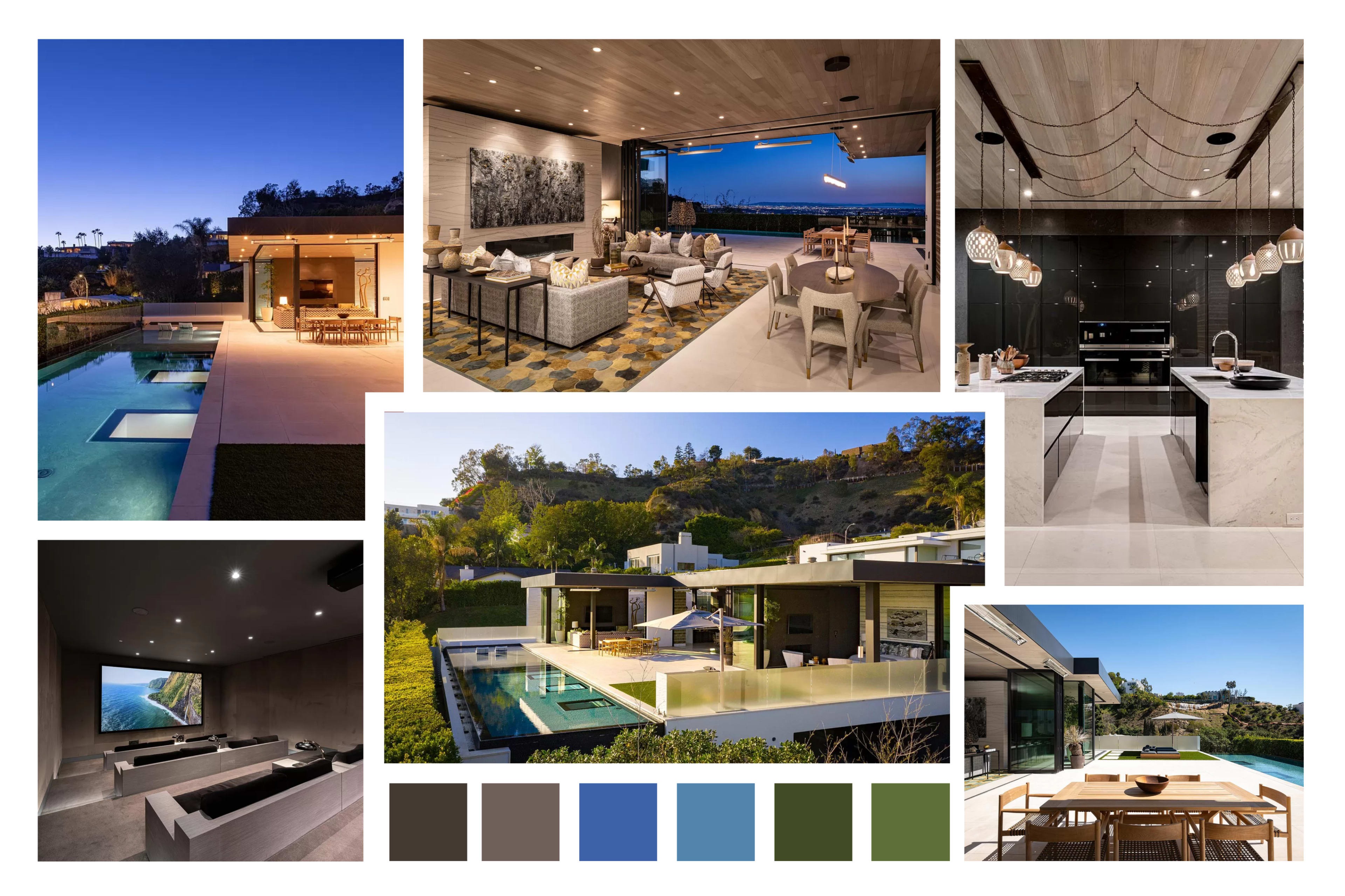 The image showcases a modern luxury home with glass walls overlooking a pool, featuring a spacious interior design and elegant furnishings.