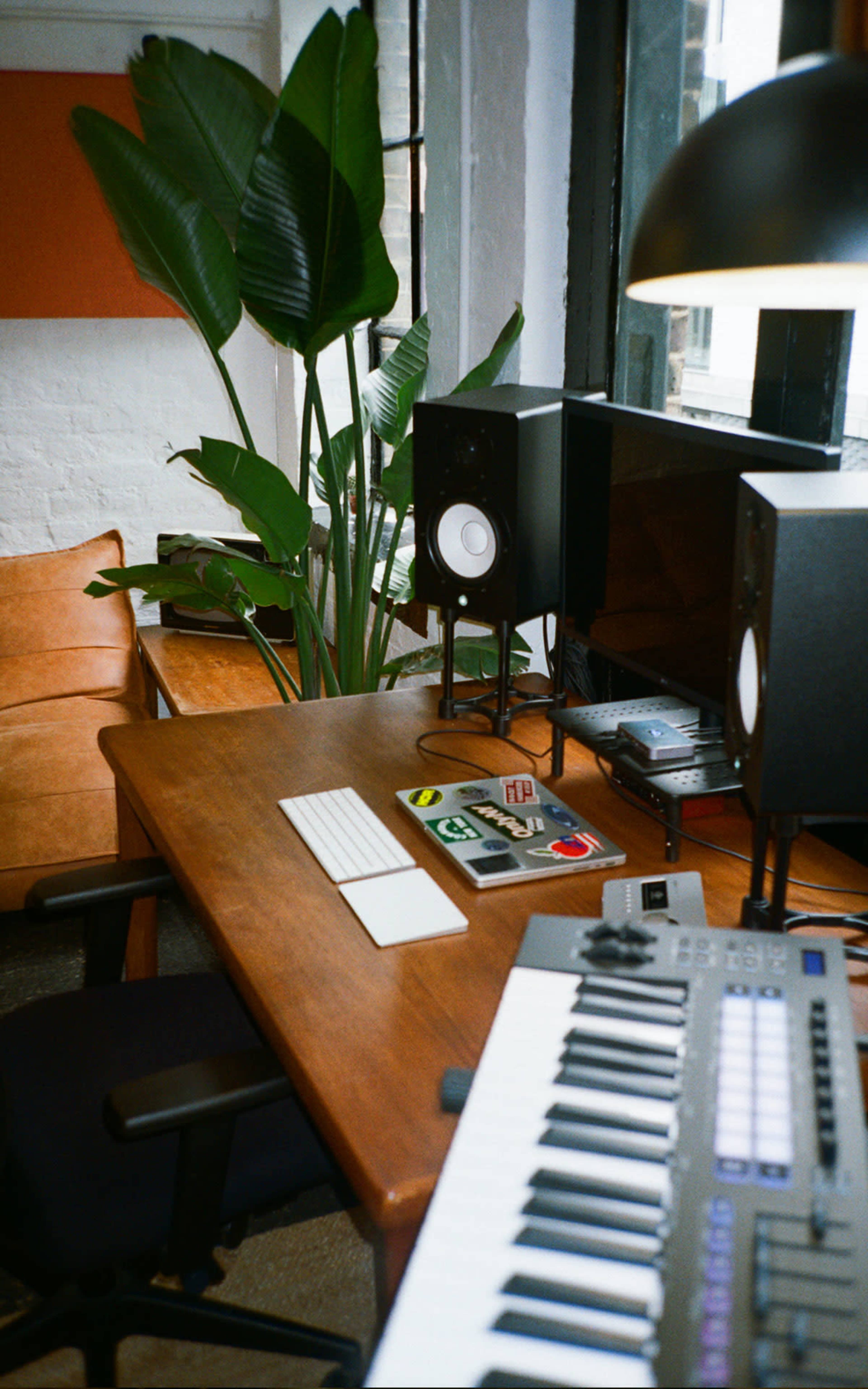 A workspace featuring a wooden desk with a computer monitor, audio speakers, a MIDI keyboard, and a large green plant in the background.