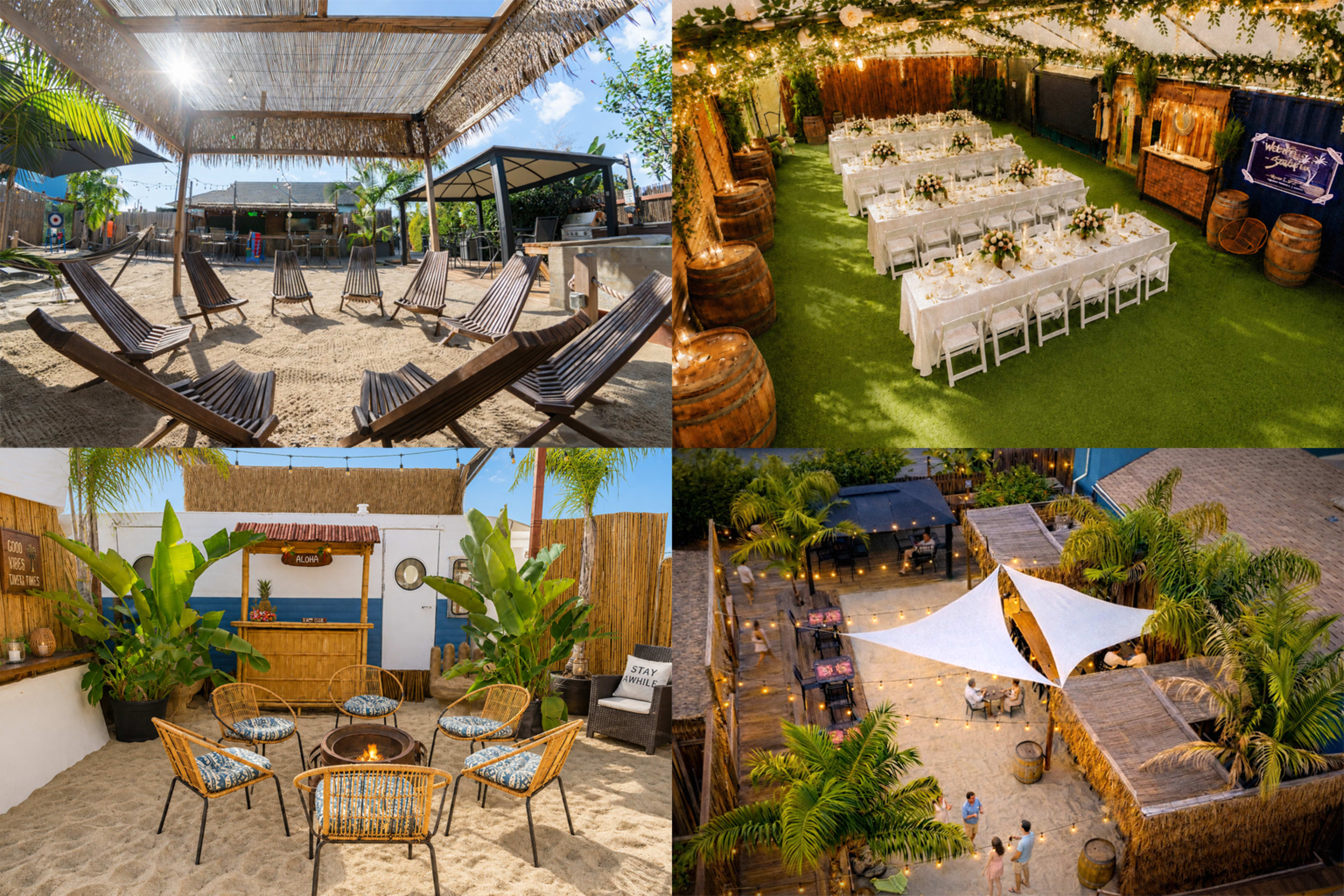 The image showcases four different outdoor event spaces featuring seating arrangements, dining setups, and decorative elements.