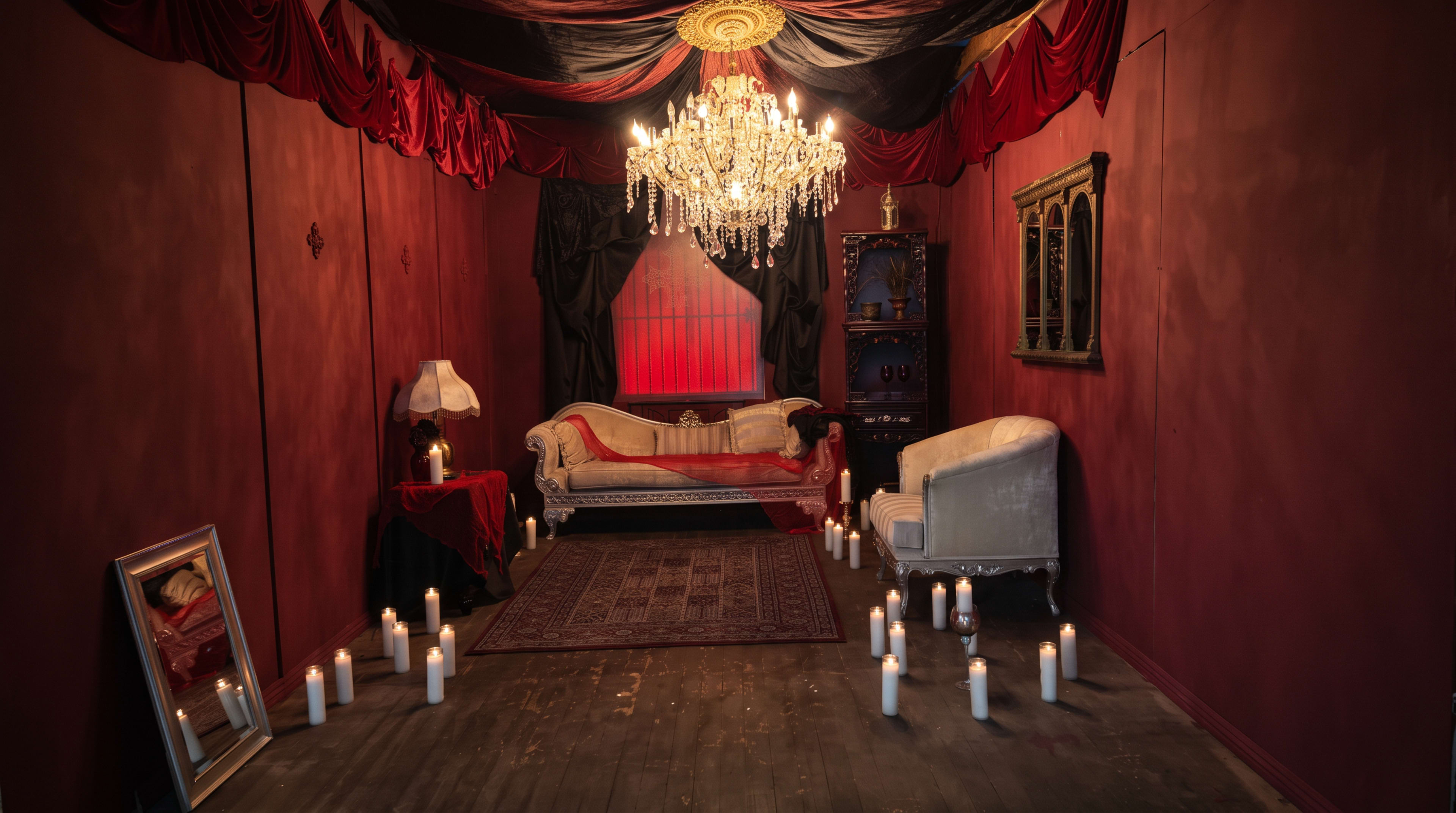 The image depicts a dimly lit room with red walls, featuring a chandelier, a vintage sofa, and several candles arranged on the floor.