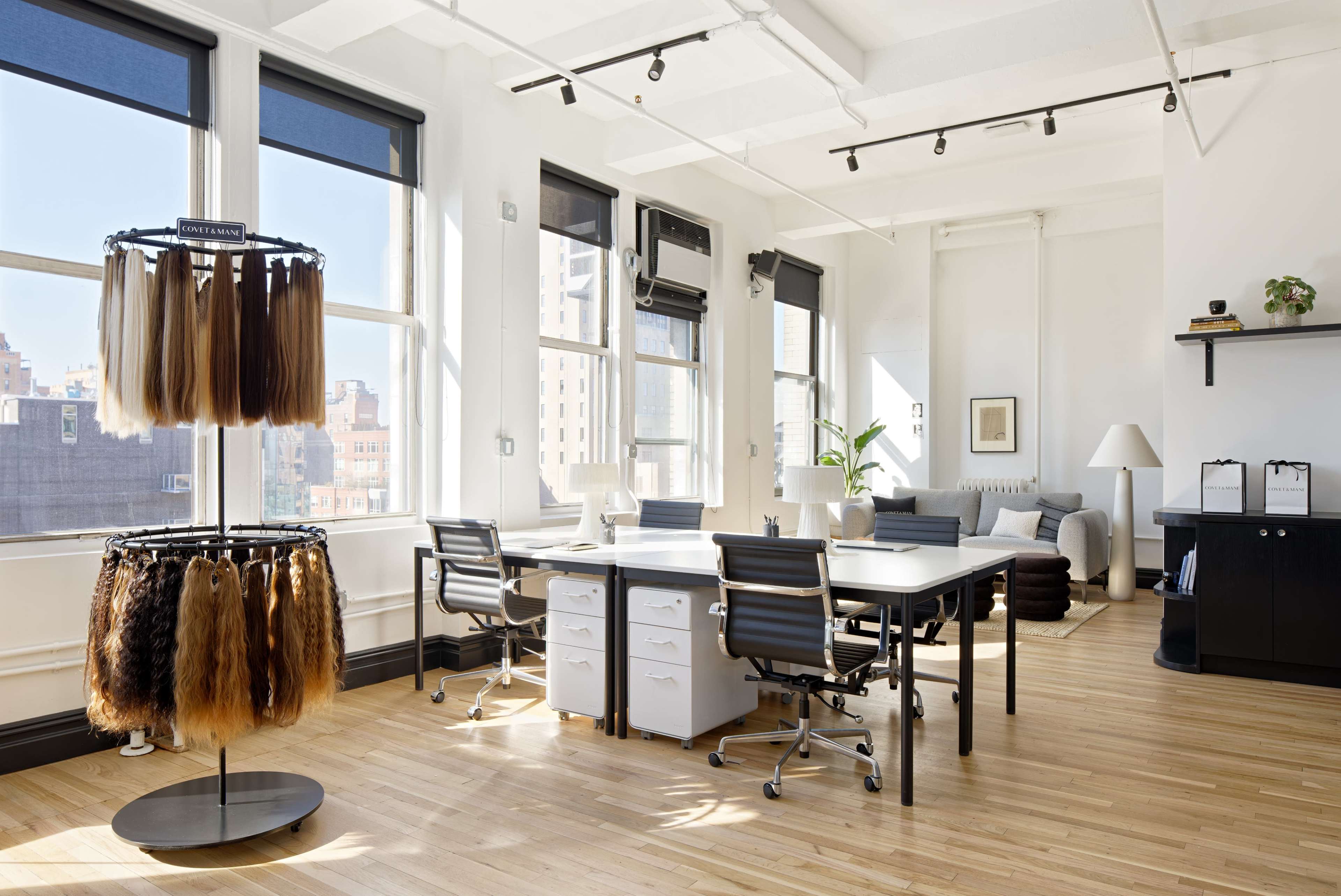 A bright, modern office space features a hair display stand, two desks with chairs, and large windows allowing natural light to illuminate the room.