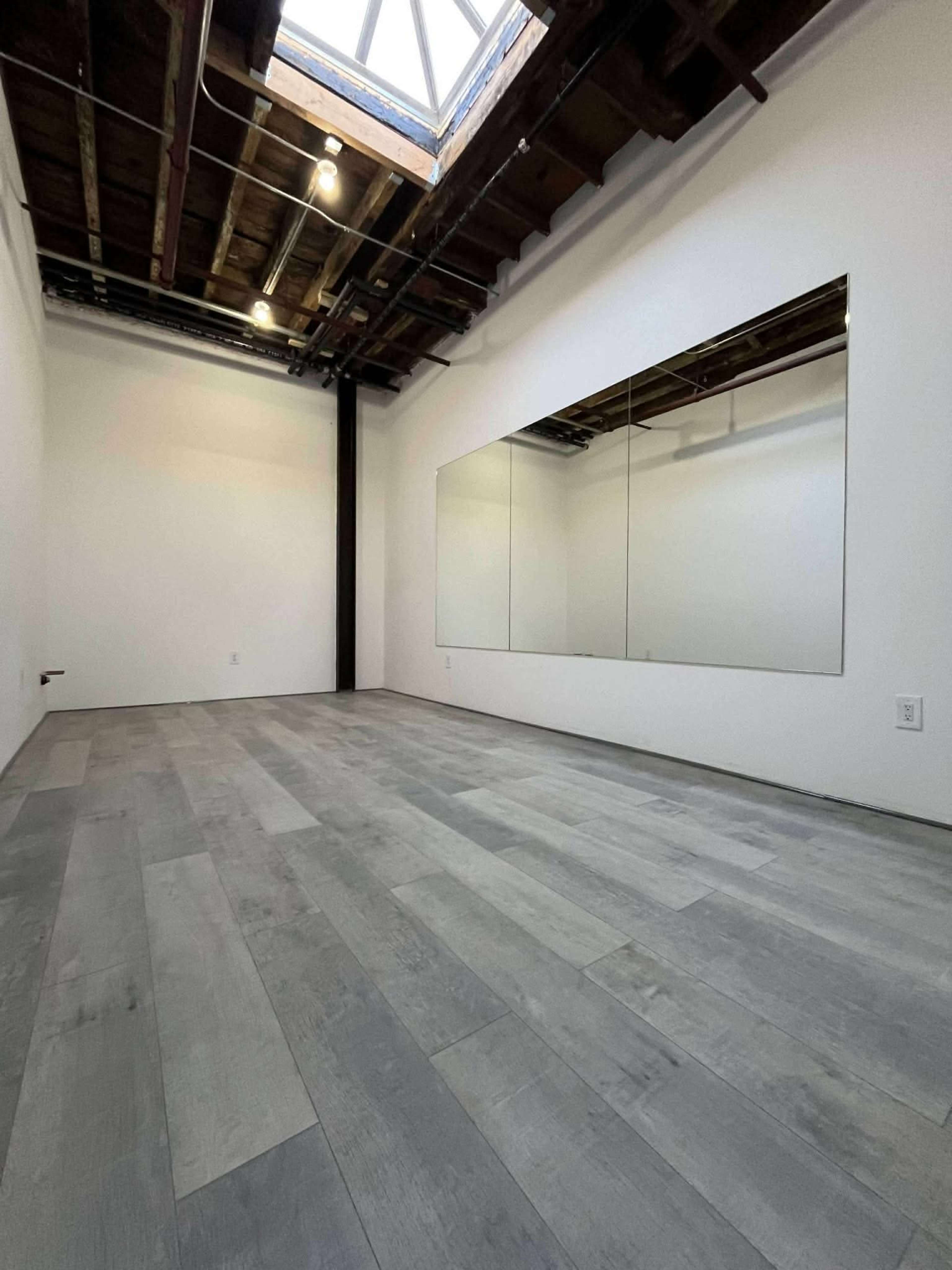 The image shows a spacious, empty room with wooden flooring, a skylight, and a large mirror on one wall.