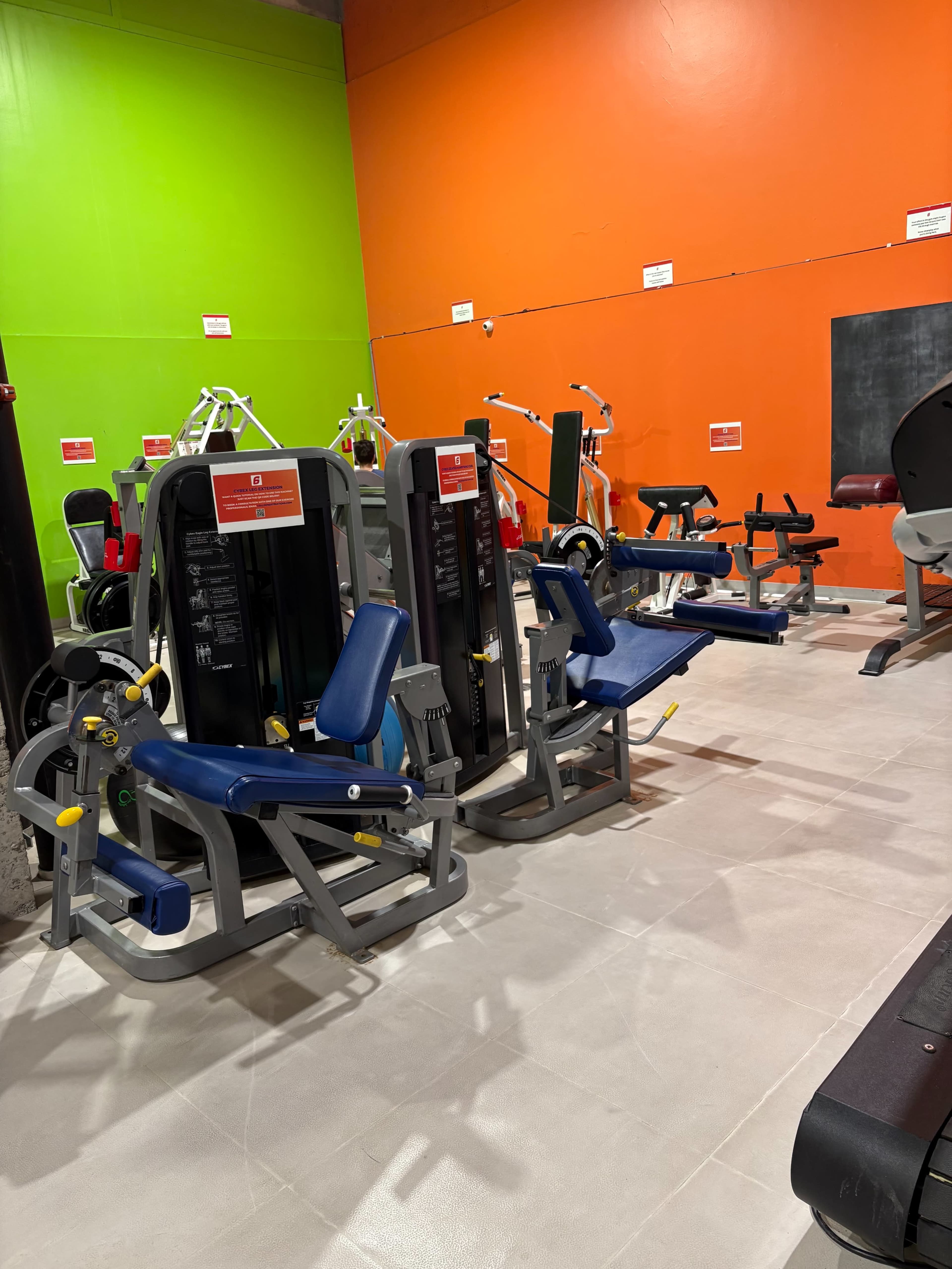 The image shows a gym interior with various exercise machines against brightly colored green and orange walls.