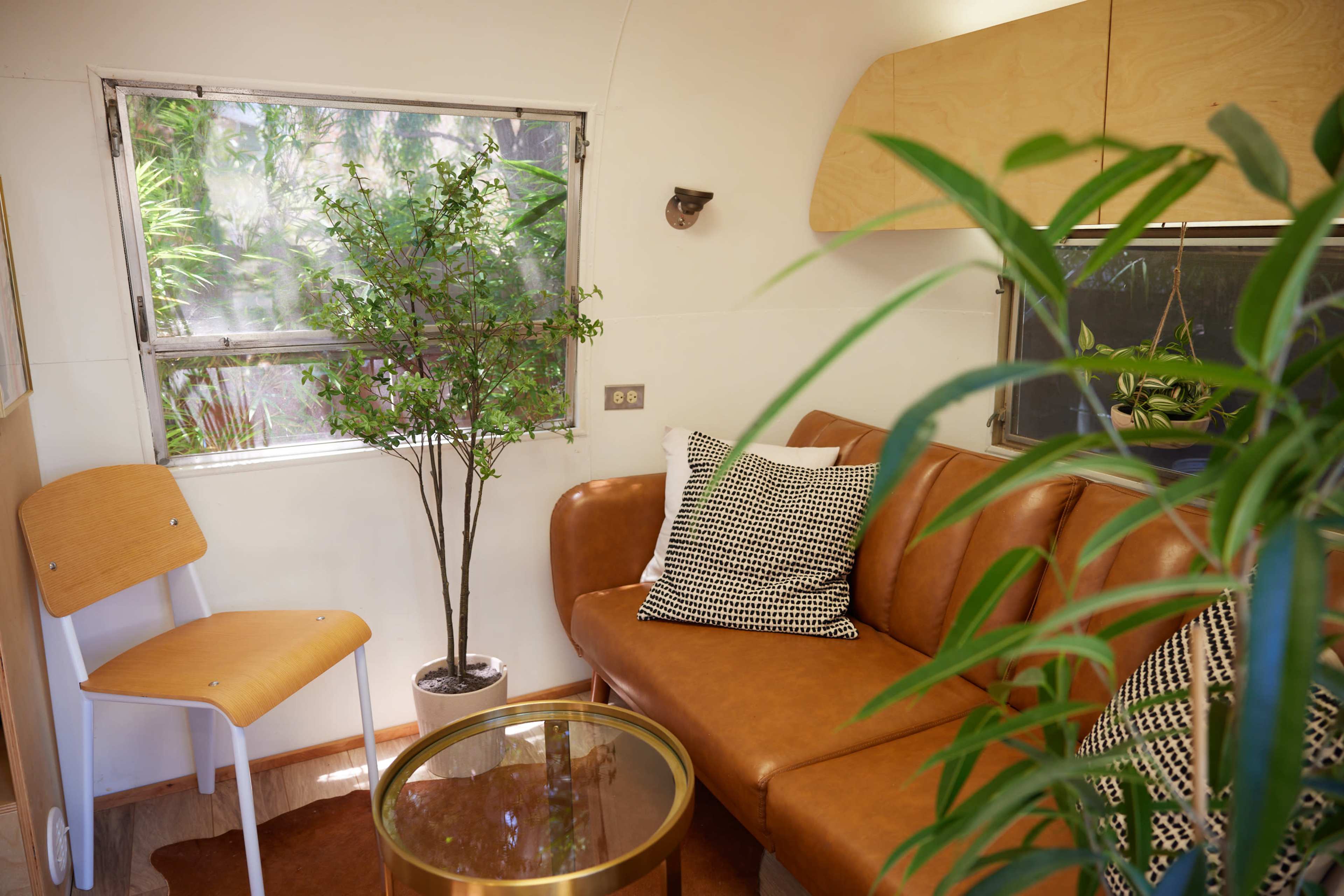A compact interior of a trailer with a brown leather sofa, a round glass coffee table, a potted tree, and a wooden chair near a window.