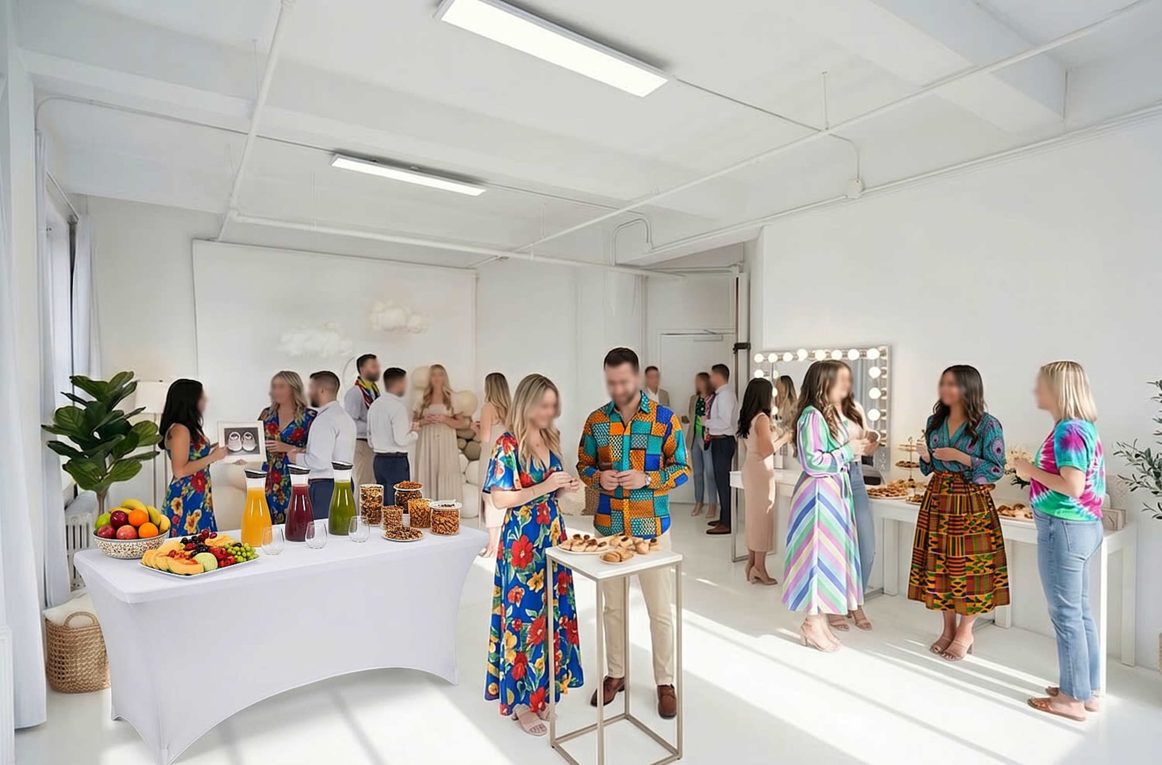 A group of people in colorful attire socialize and enjoy food and drinks at a bright, white-themed gathering space.