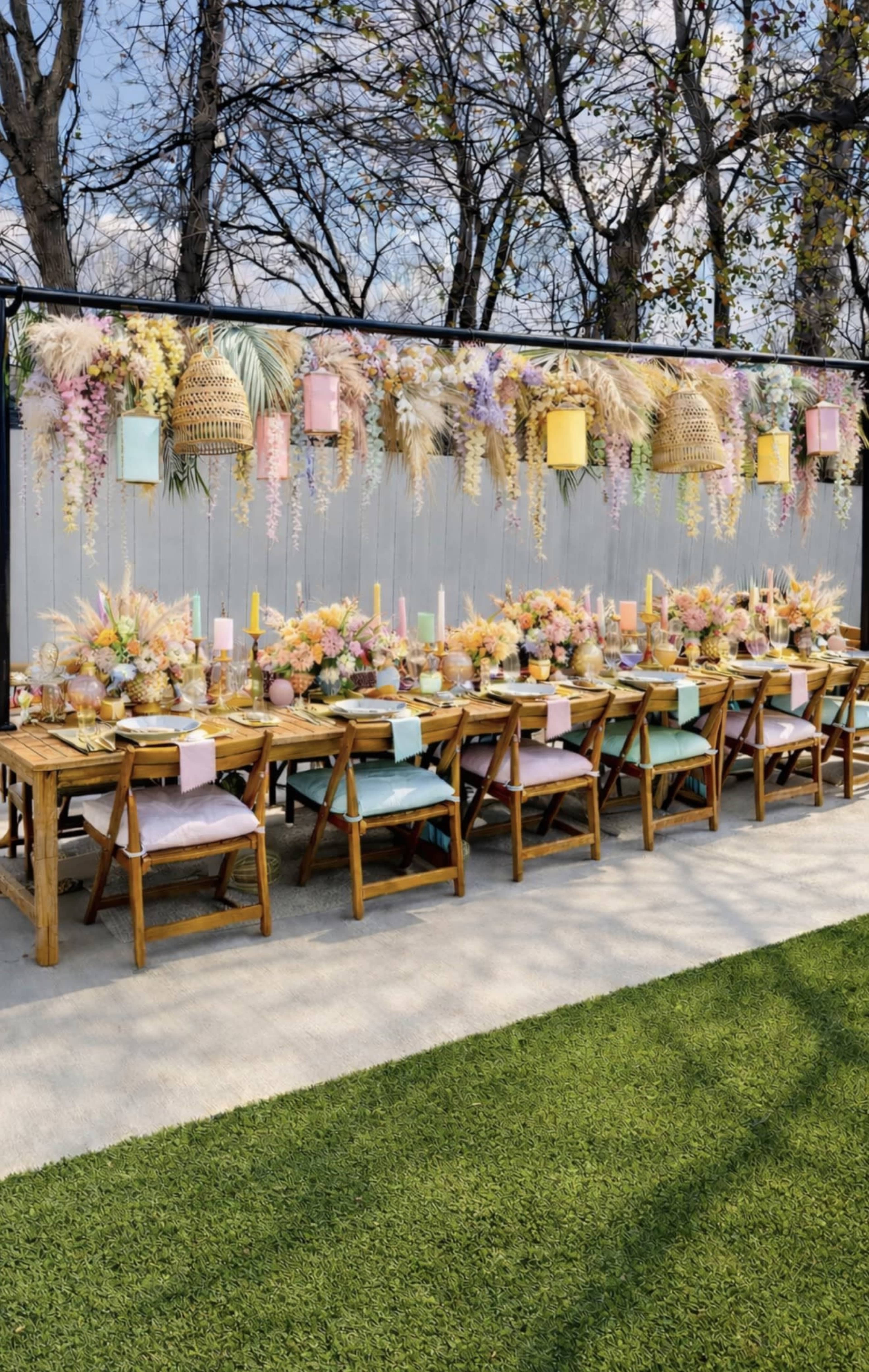 A long outdoor table is beautifully arranged with floral centerpieces and colorful table settings, set against a decorative backdrop of hanging plants and pastel decorations.