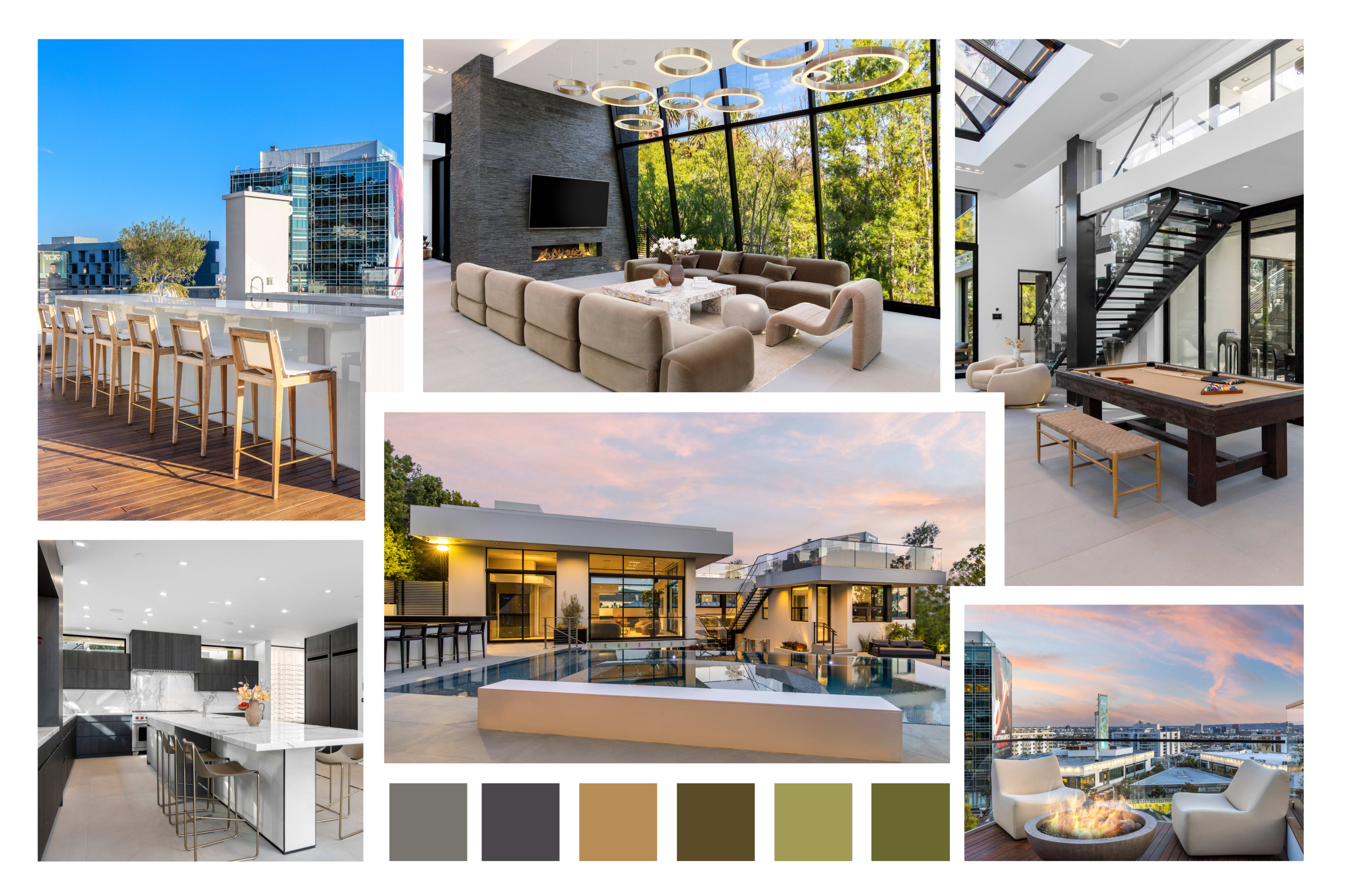 The image showcases a collection of modern luxury interior and exterior spaces, including a sleek kitchen, spacious living areas, and an outdoor pool setting.