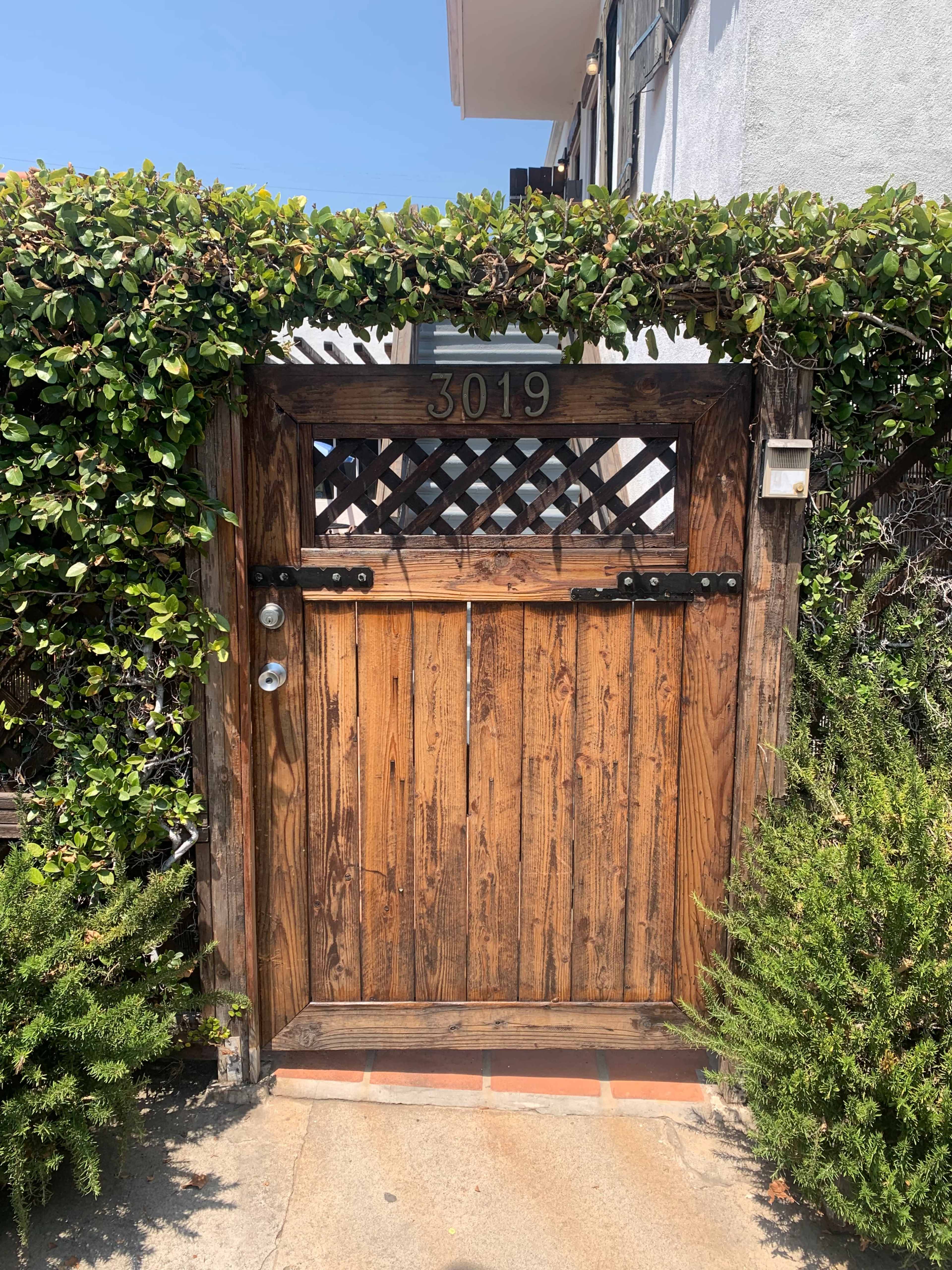 A wooden gate framed by a lush green hedge, with a house number "3019" displayed on top.