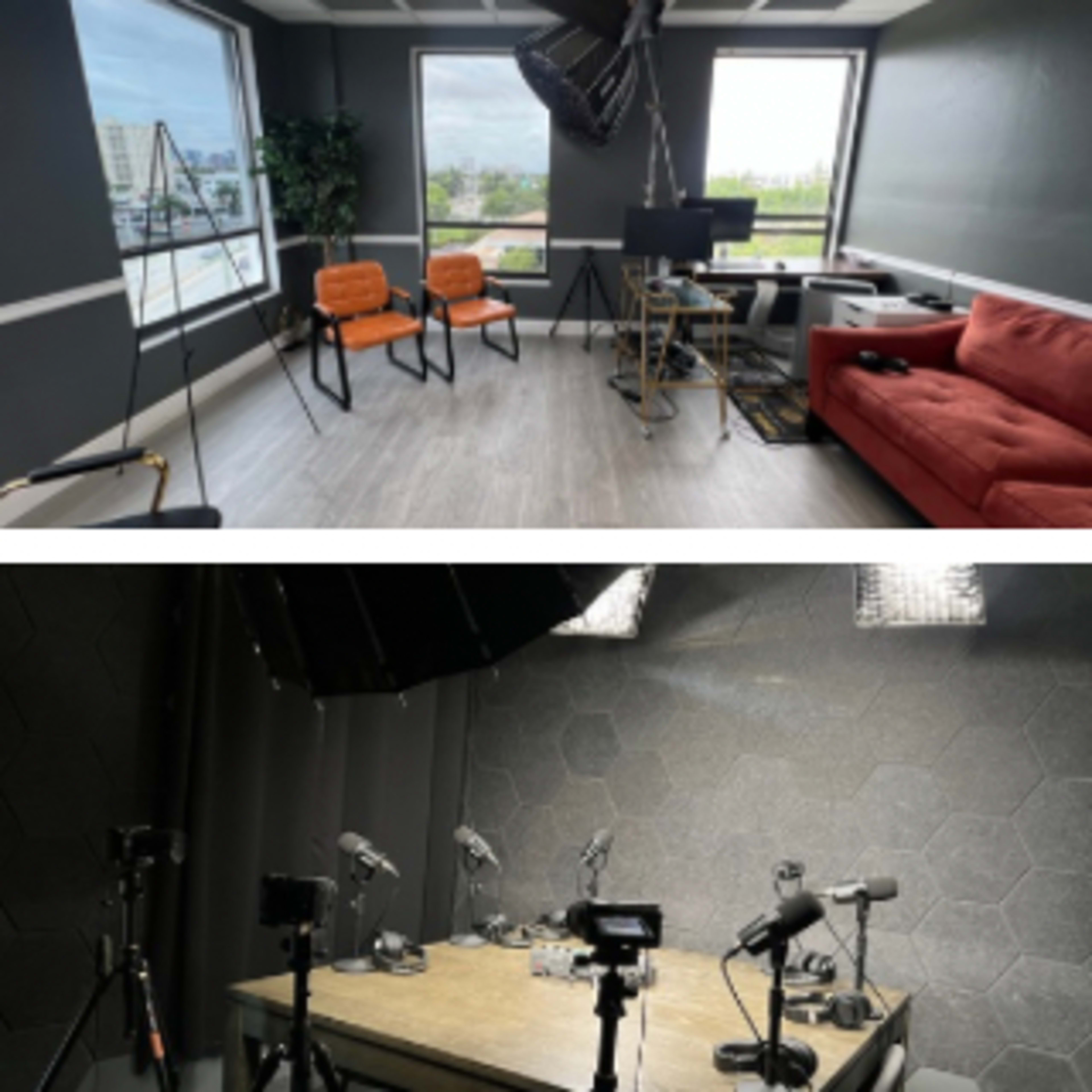The image shows two distinct studio settings: the top features a modern lounge area with orange chairs and a red sofa, while the bottom displays a sleek workspace equipped with multiple microphones arranged around a large table.