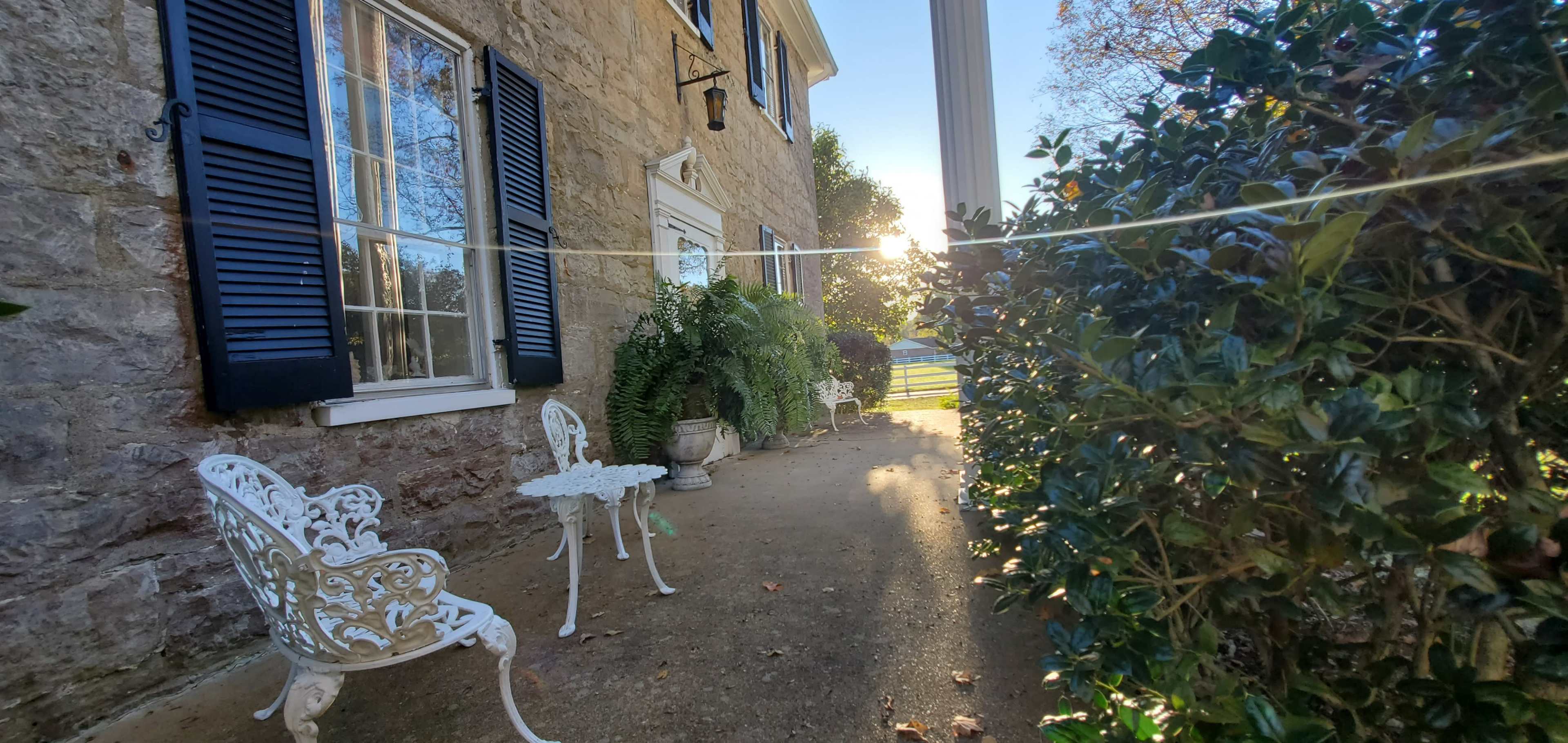 A stone wall encases a pathway lined with chairs and potted plants, with sunlight shining through the trees at the end.