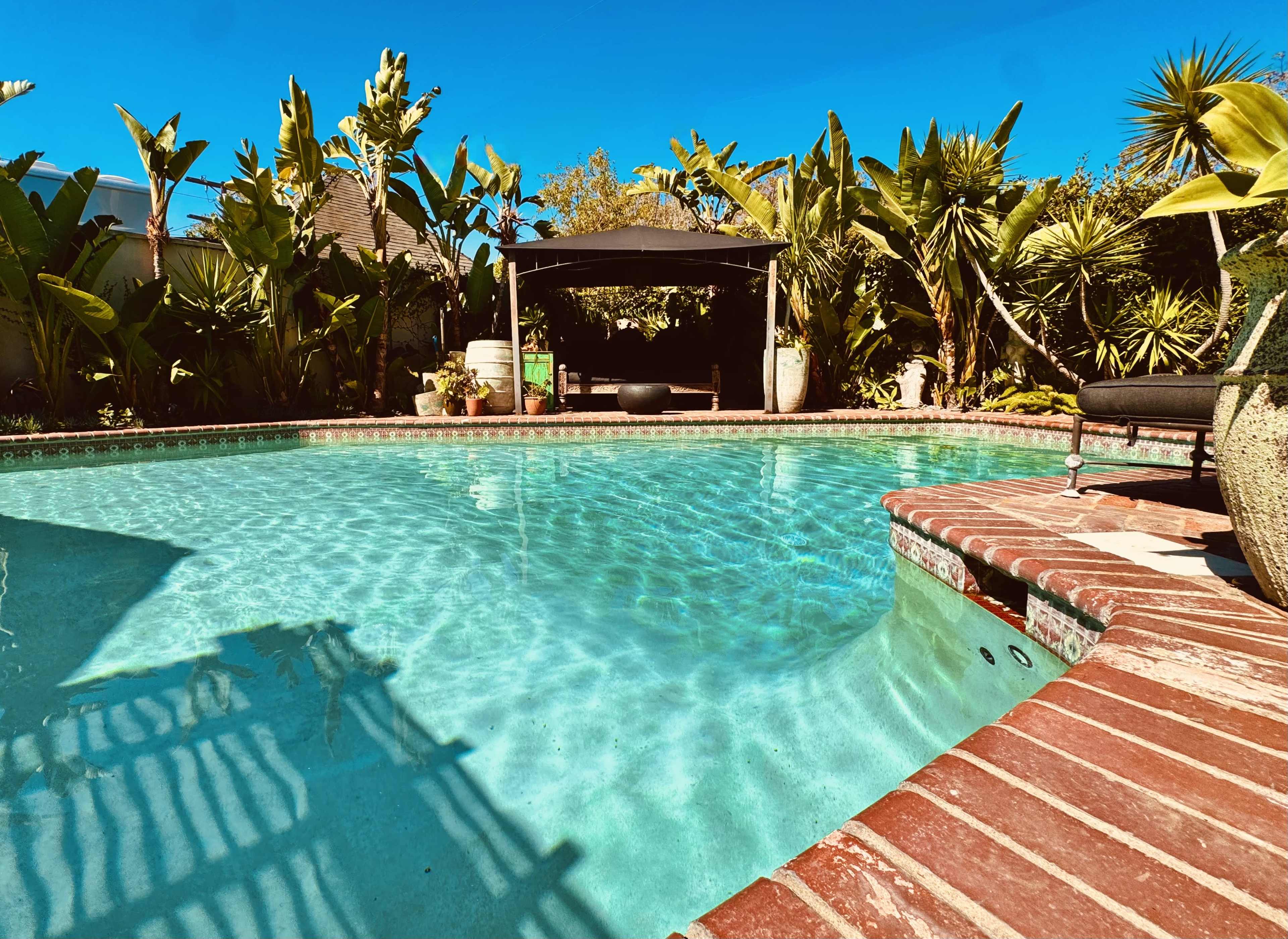 A clear swimming pool is surrounded by tropical plants and a shaded seating area.
