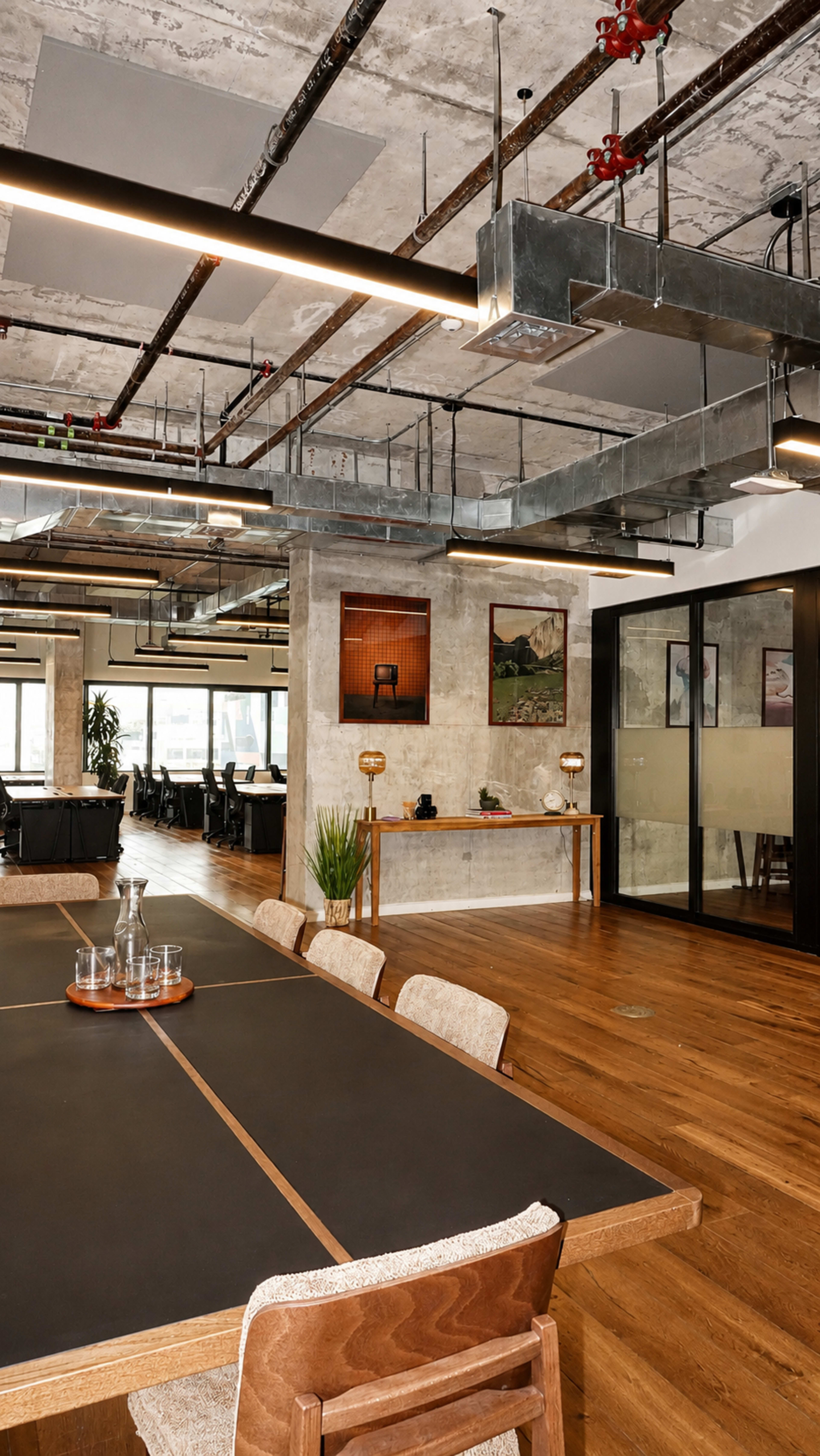 The image shows a modern office space with a large conference table, wooden flooring, exposed ceiling beams, and glass-walled meeting rooms in the background.
