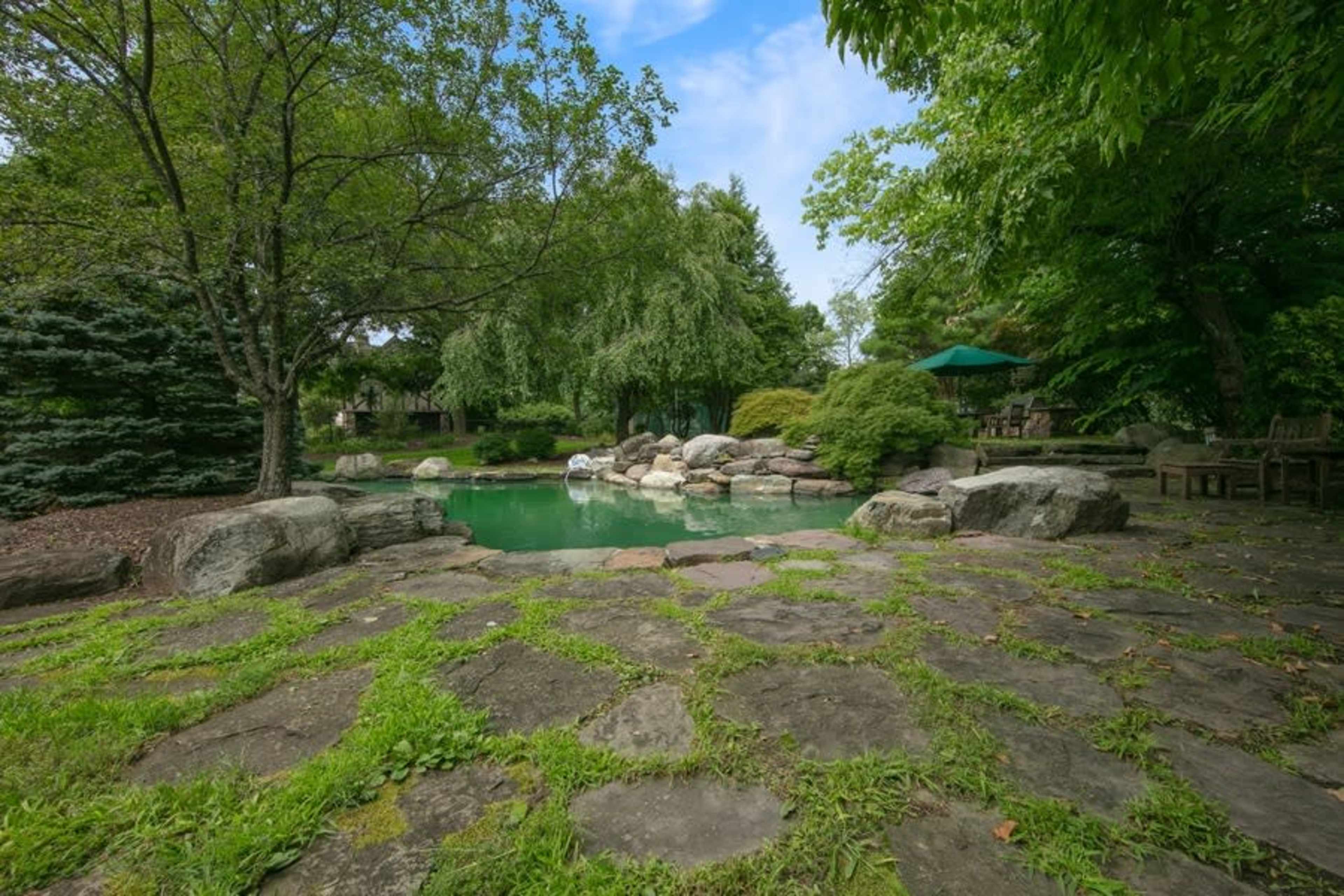 A serene garden features a pond surrounded by large rocks and lush greenery under a blue sky.