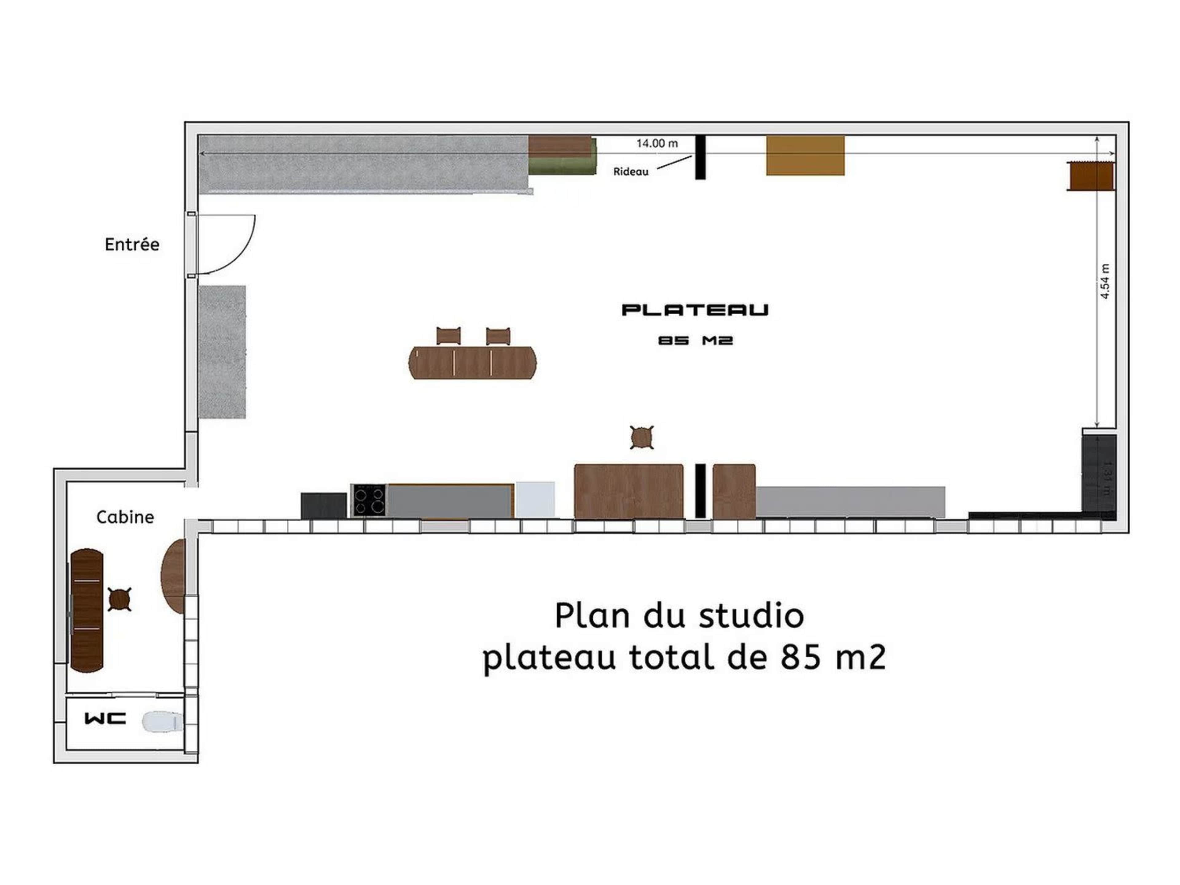 The image shows a floor plan of a studio layout measuring 85 square meters, depicting various rooms and furniture arrangements.