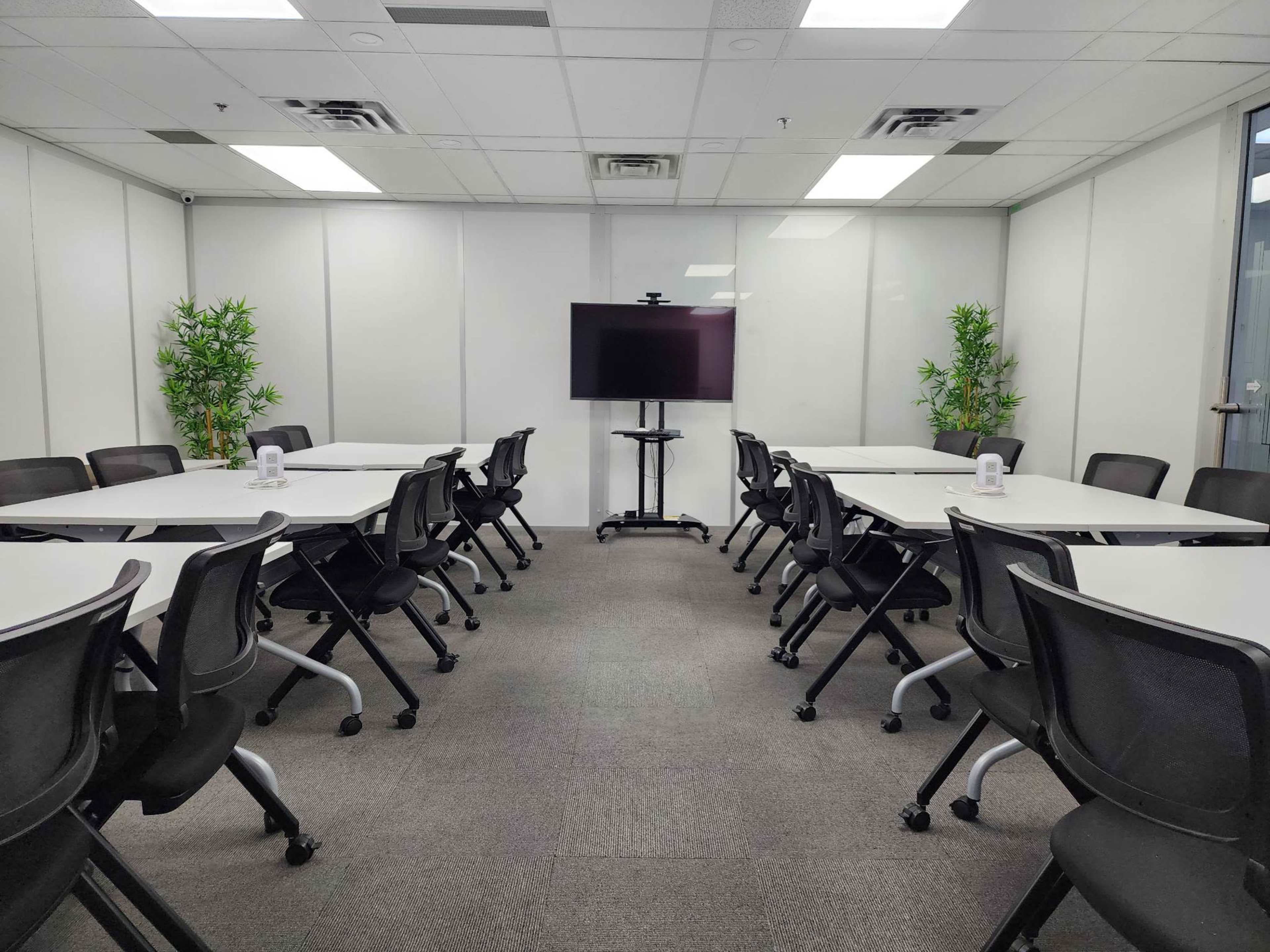 A conference room features multiple white tables and black chairs arranged in a U-shape, with a television on a stand at one end and potted plants in the corners.