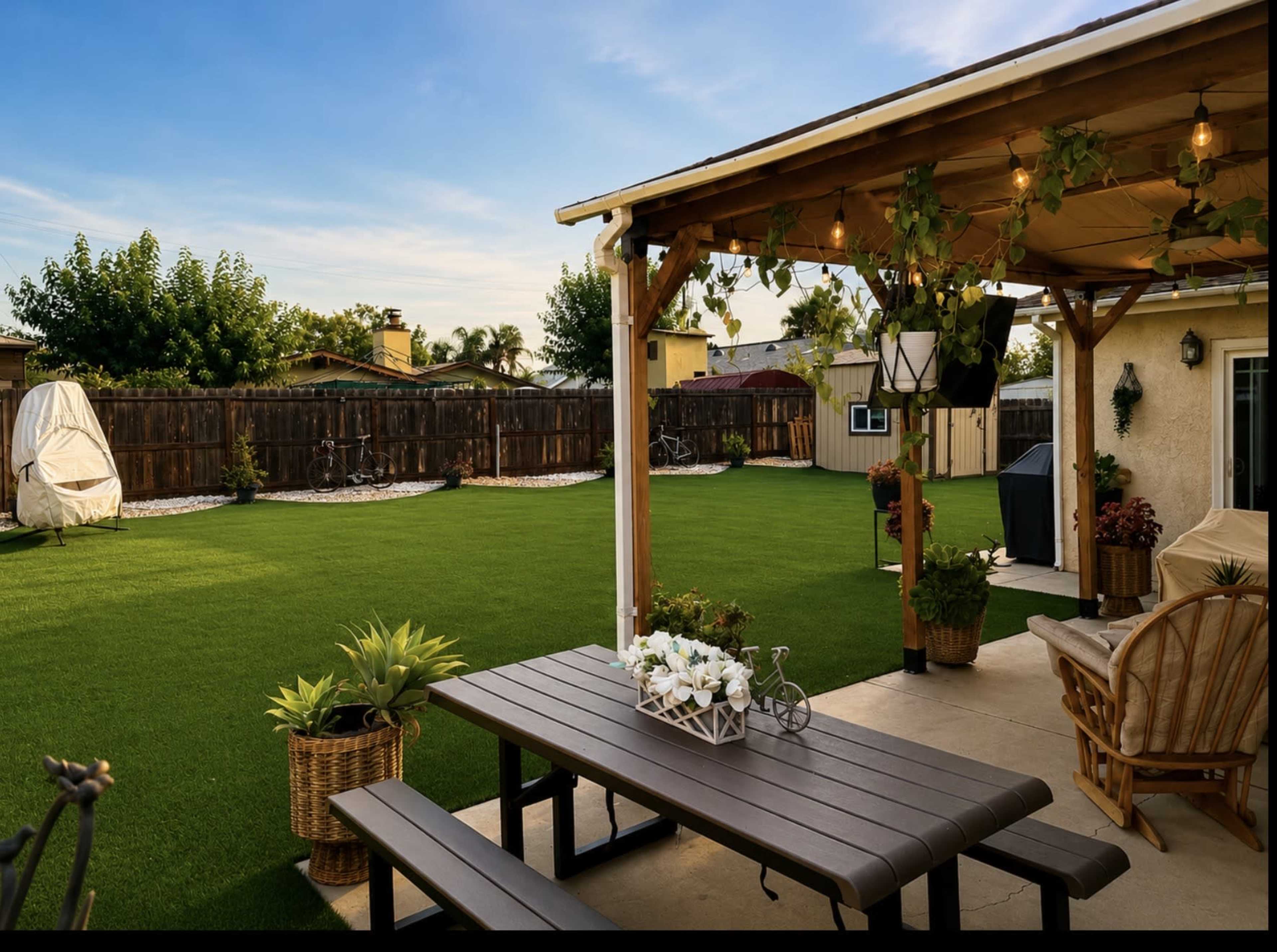 The image depicts a spacious backyard with artificial turf, a wooden patio structure, a picnic table adorned with flowers, and bicycles leaning against the fence.