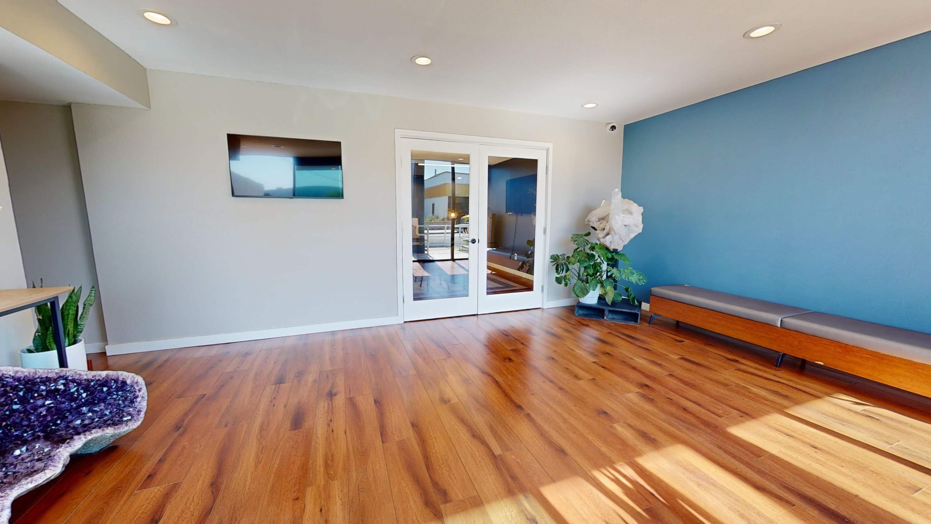 The room features wood flooring, a blue accent wall, a wall-mounted TV, a seating bench, and a large window with natural light.