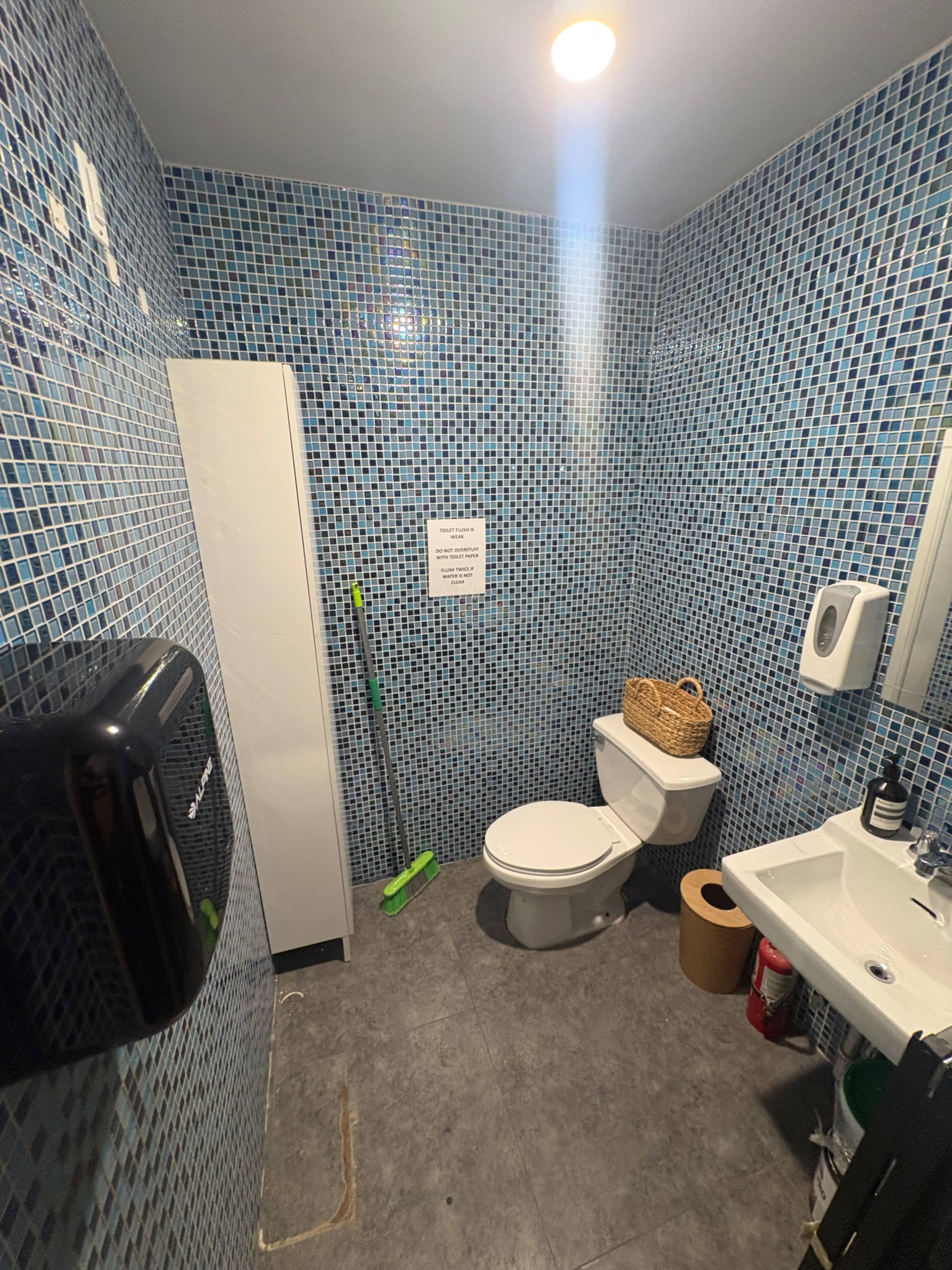The image shows a small bathroom with blue tiled walls, a toilet, a sink, a mirror, and cleaning supplies.