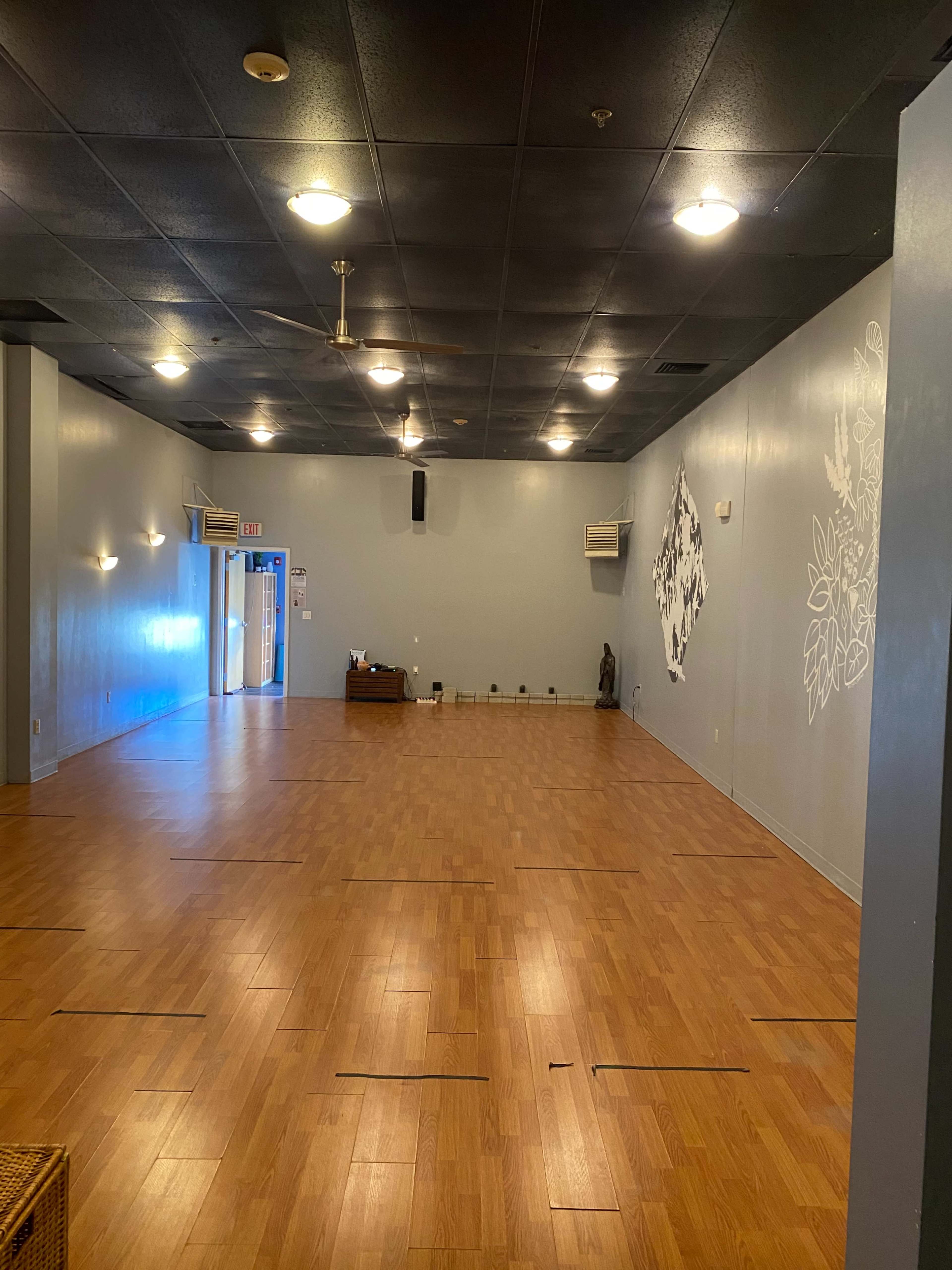 An empty room with wooden flooring, gray walls, and ceiling lights, featuring a few air conditioning units and a decorative element on one wall.