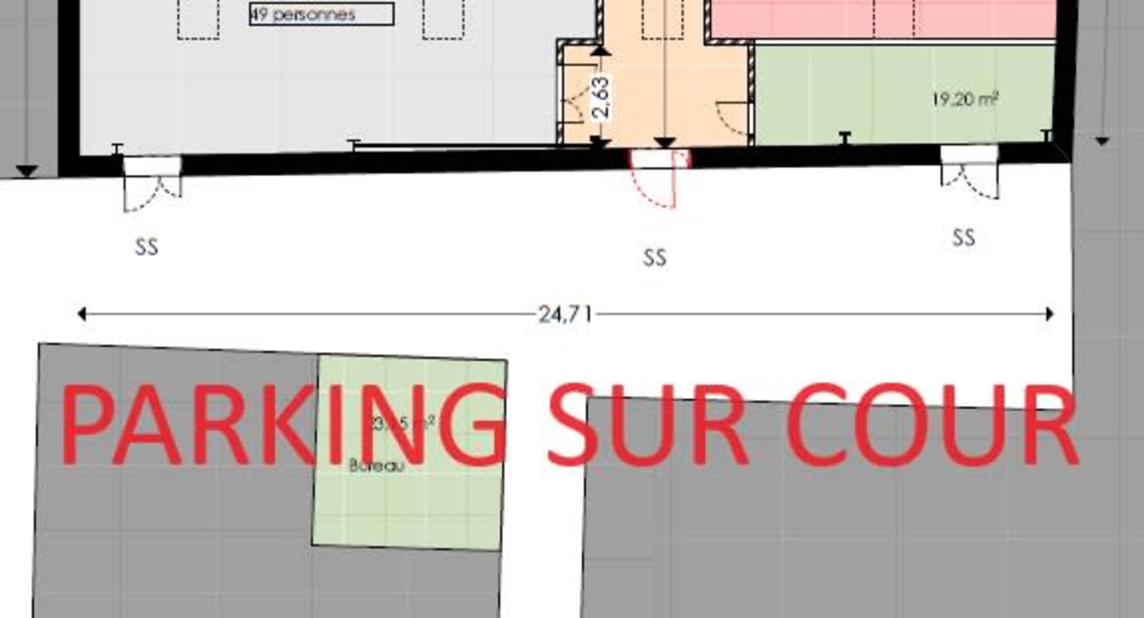 A floor plan layout with designated areas labeled for a parking space and other rooms, including measurements and capacities.