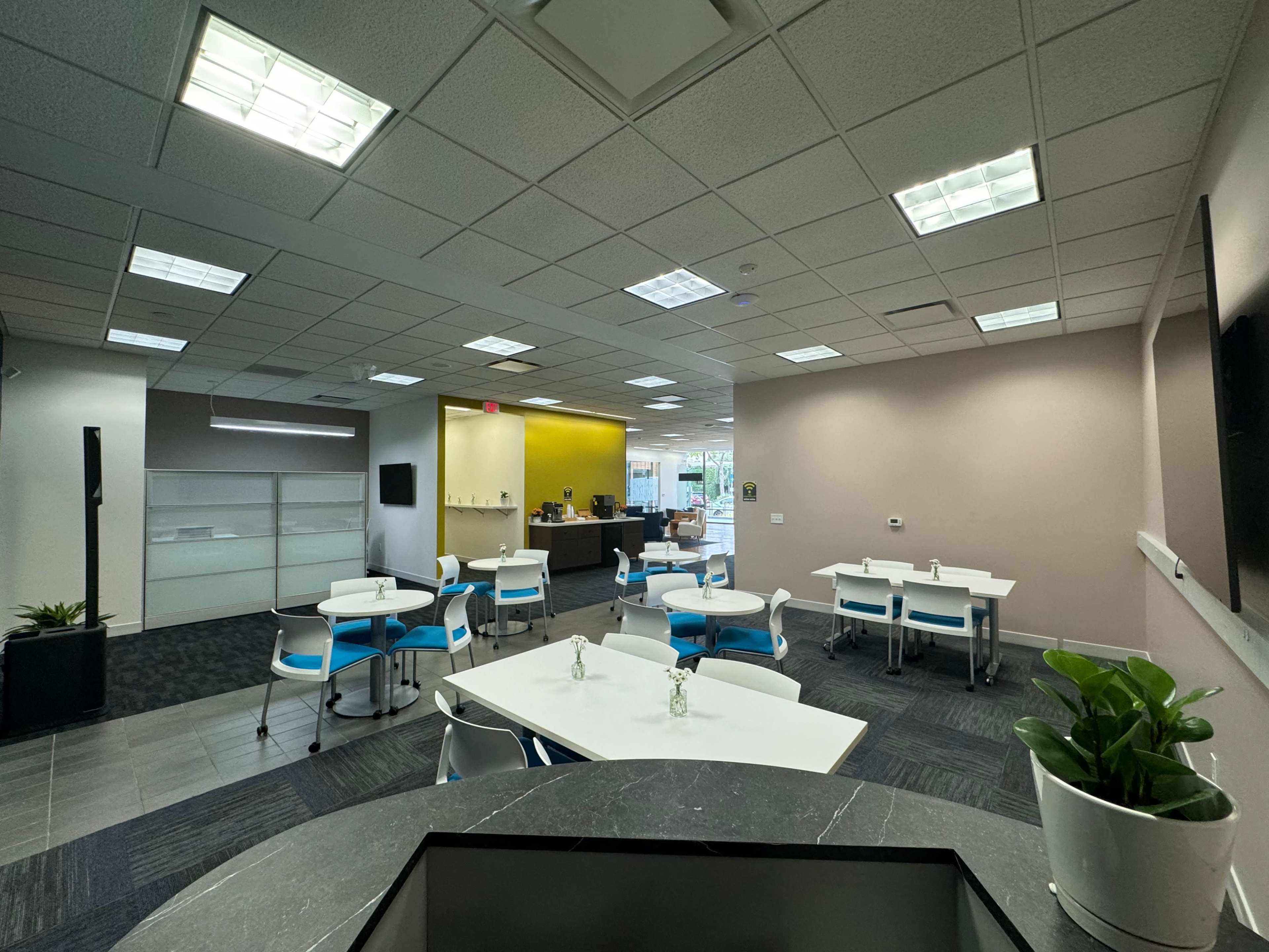 A modern office break room with white tables and blue chairs, featuring a service counter in the background and plants on the tables.