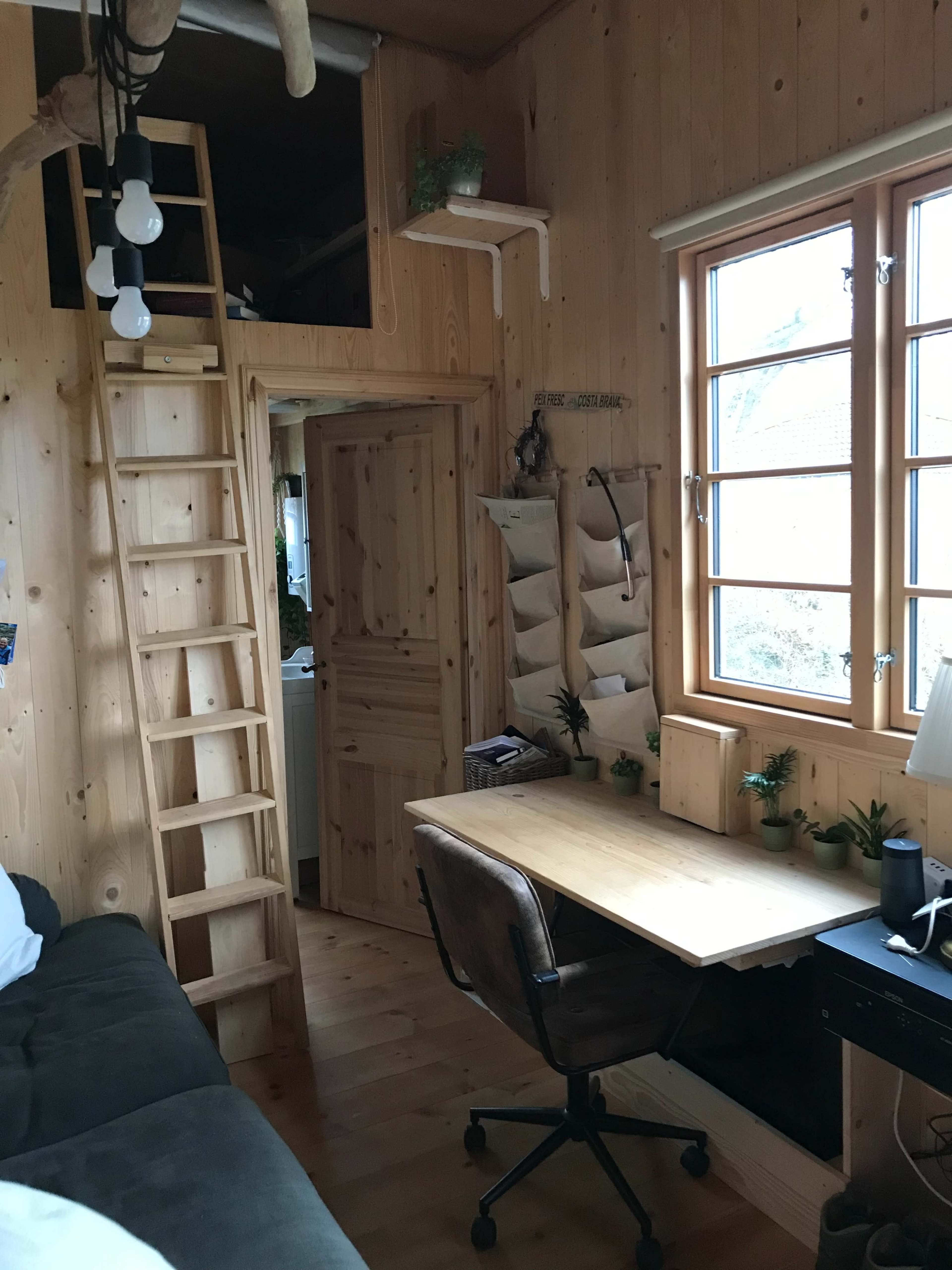 The image shows a small wooden interior space featuring a ladder leading to a loft, a desk with a chair, and several plants arranged on shelves and windowsills.