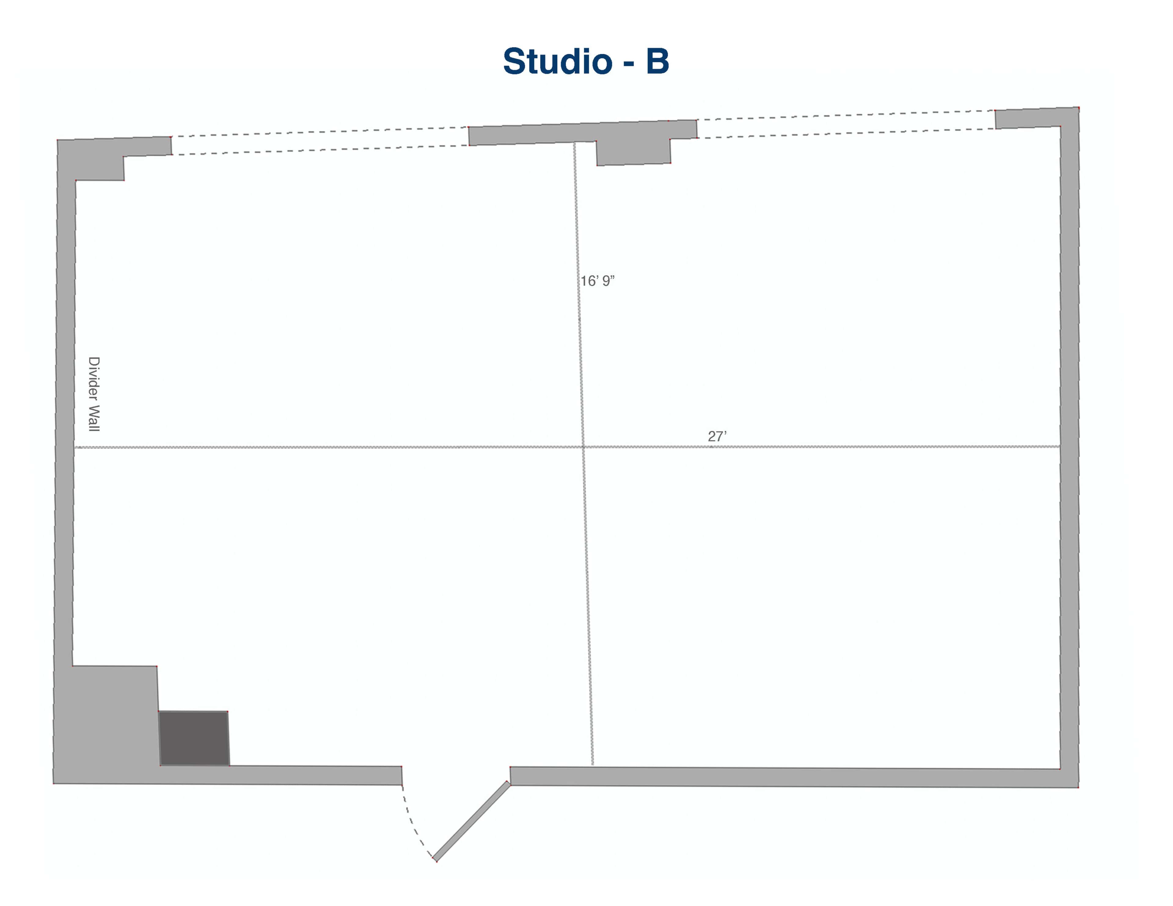The image is a floor plan labeled "Studio - B," showing the layout of a studio space measuring 16 feet 9 inches by 27 feet, with a designated divider wall.