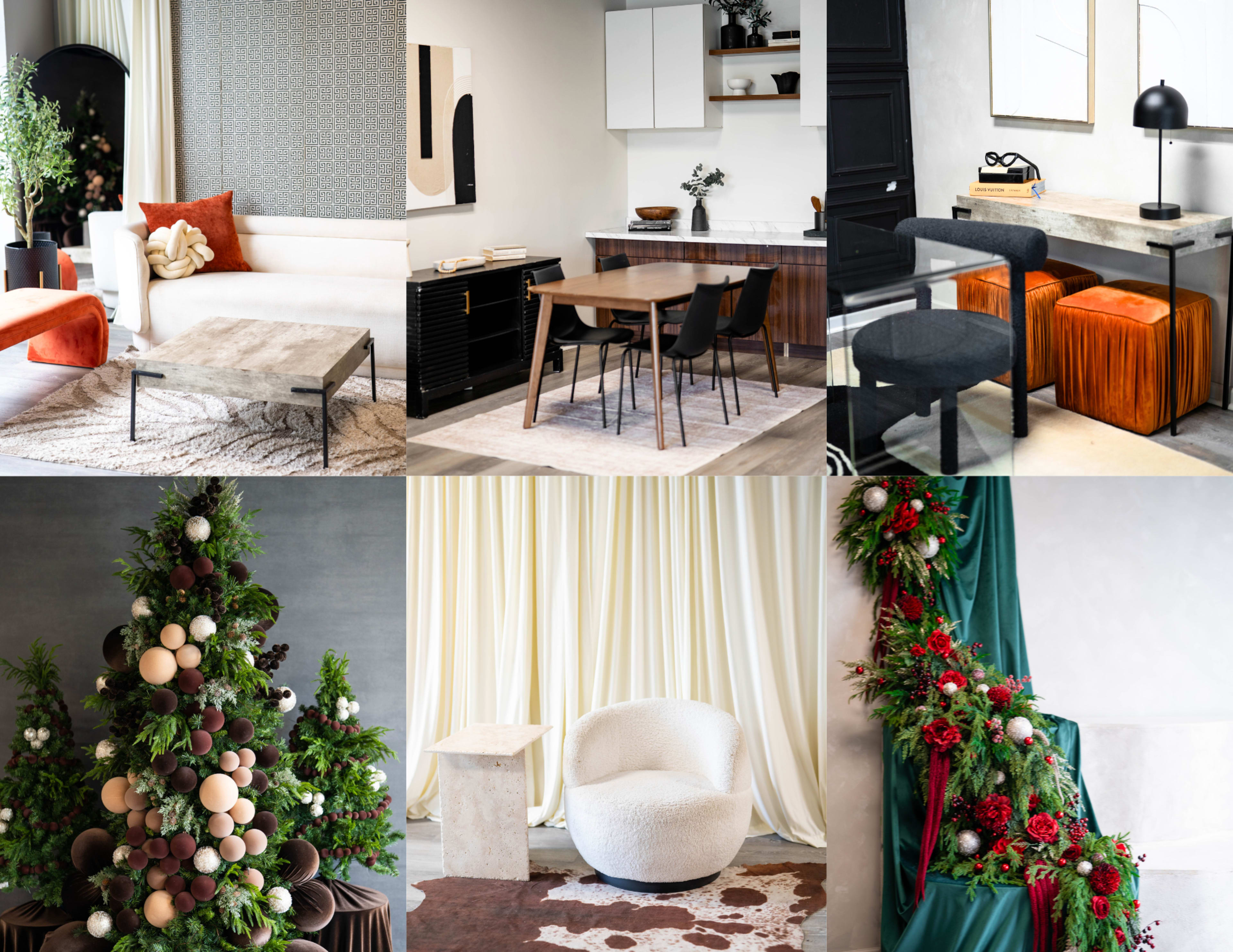 The image showcases a collection of six rooms featuring modern furniture and decor, including a living space, dining area, workspace, holiday-themed decorations, and various plants.