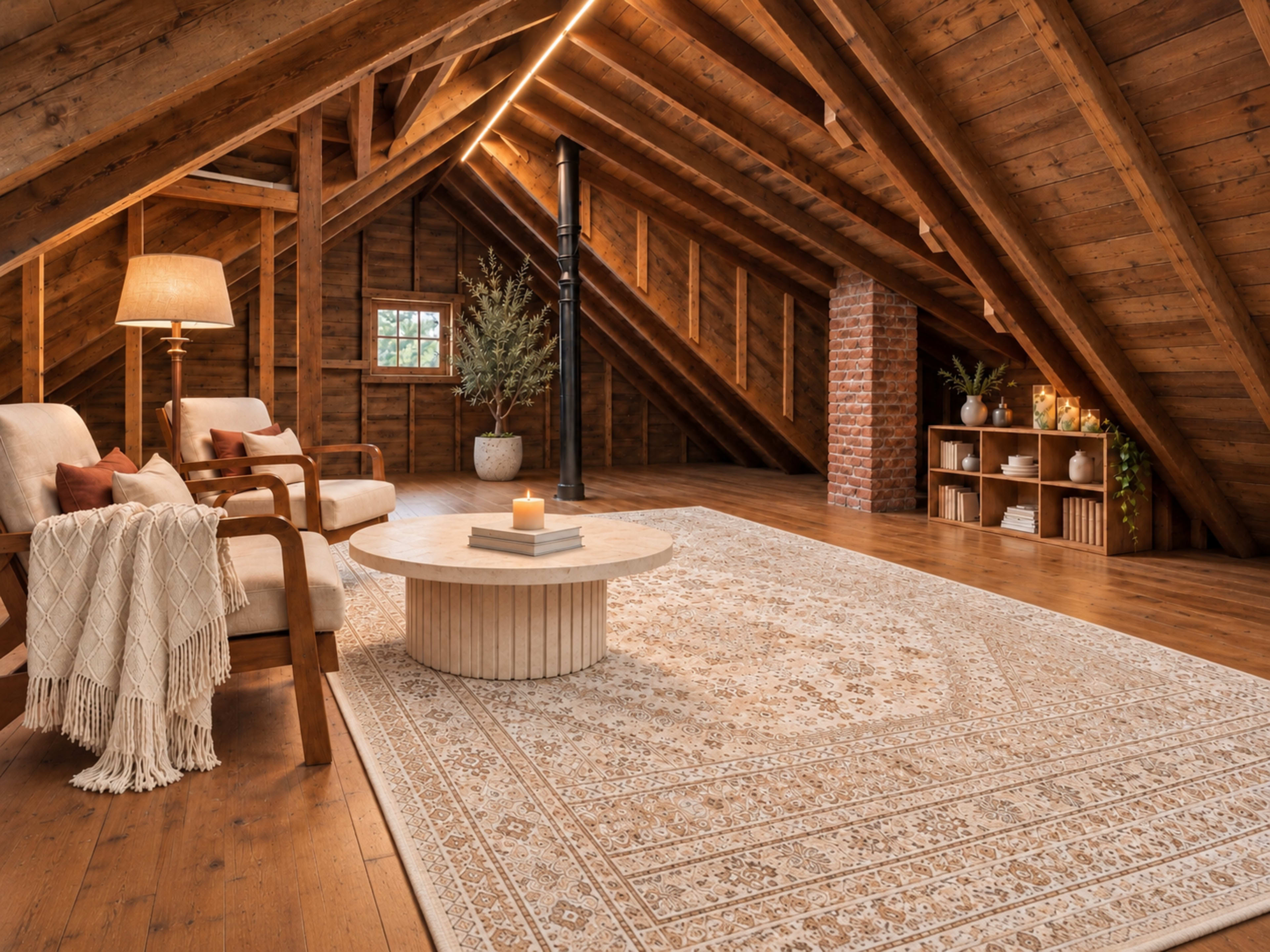 The image shows a cozy attic space with wooden beams, a circular coffee table, a plush area rug, and a seating arrangement, illuminated by soft lighting.