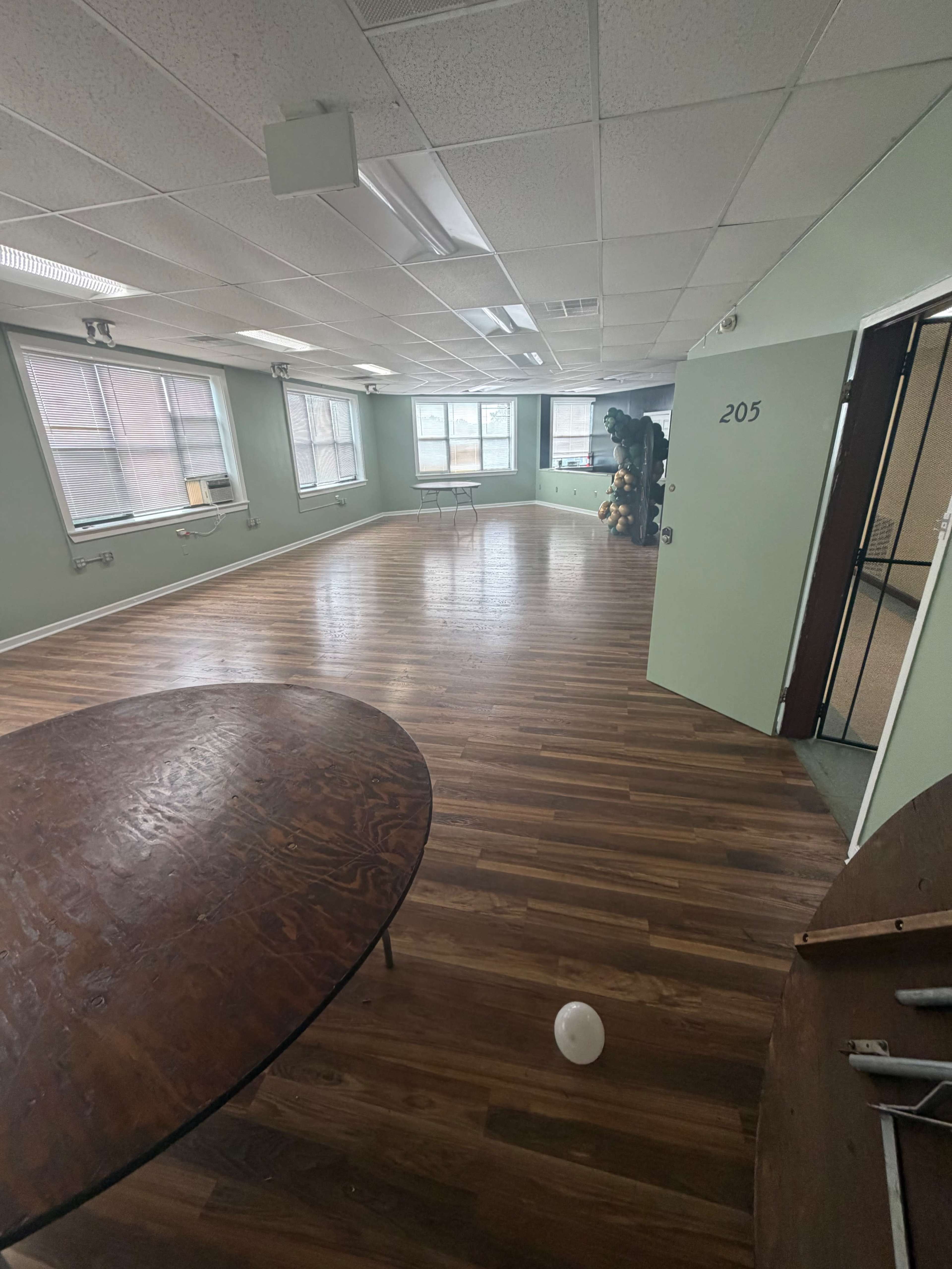 The image shows a spacious, empty room with wooden flooring, green walls, and large windows, featuring a round table and an open door labeled "205."