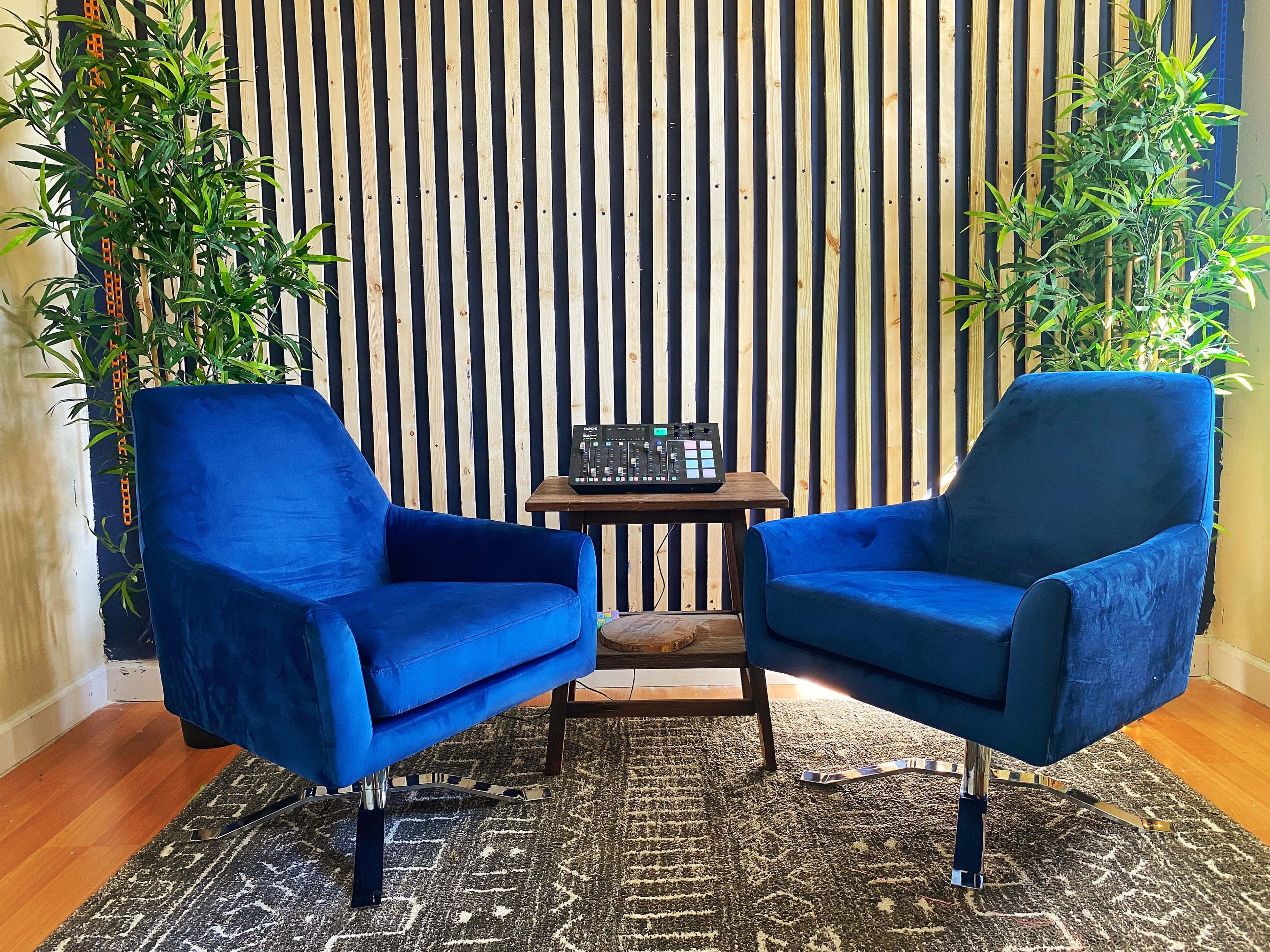 The image features two blue chairs positioned opposite each other with a small wooden table in between, set against a striped wooden wall and flanked by green plants.