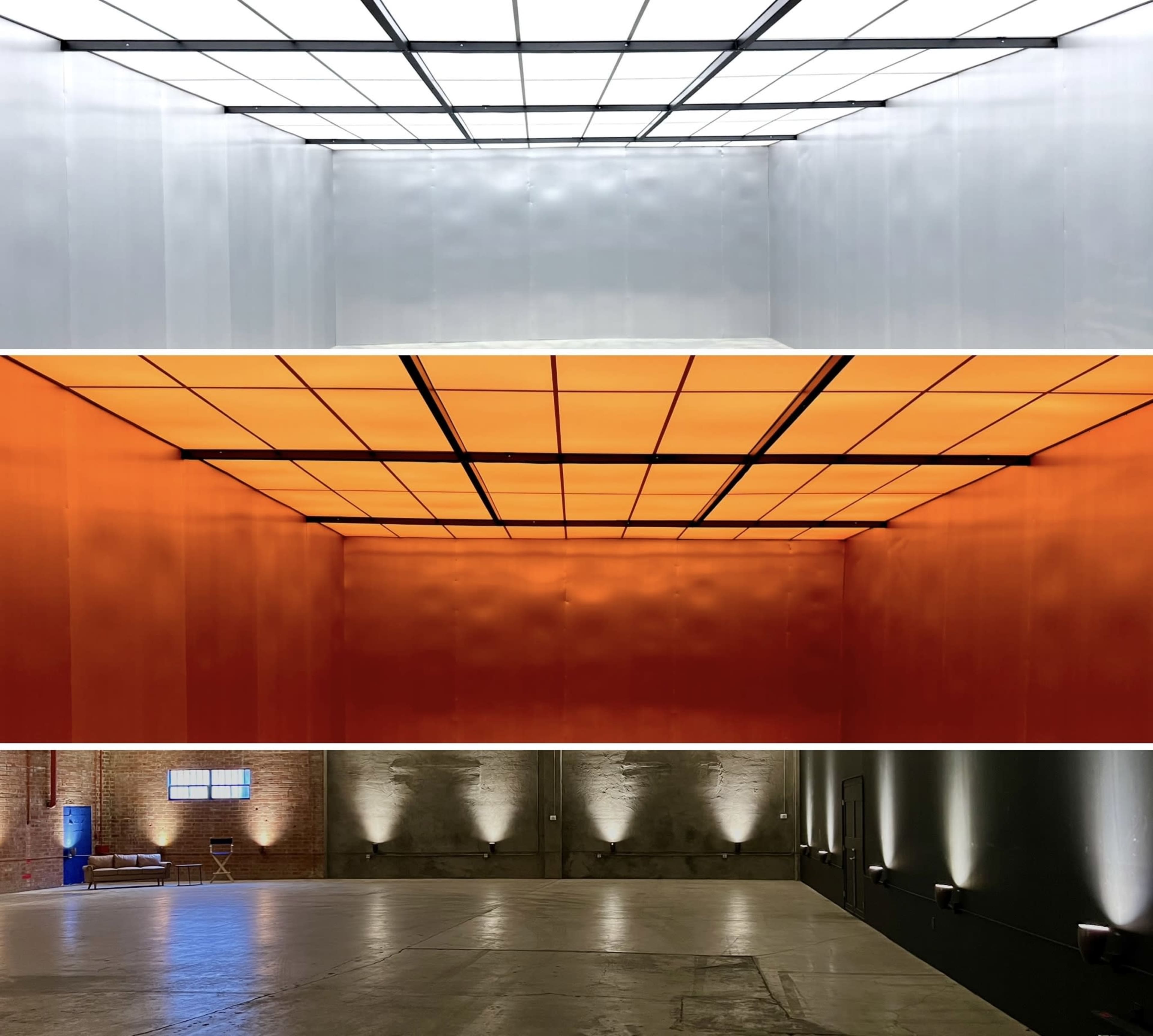 The image features three interconnected rectangular spaces, each with a distinct color scheme: the top section is white, the middle section is orange, and the bottom section is gray with lighting along the walls.