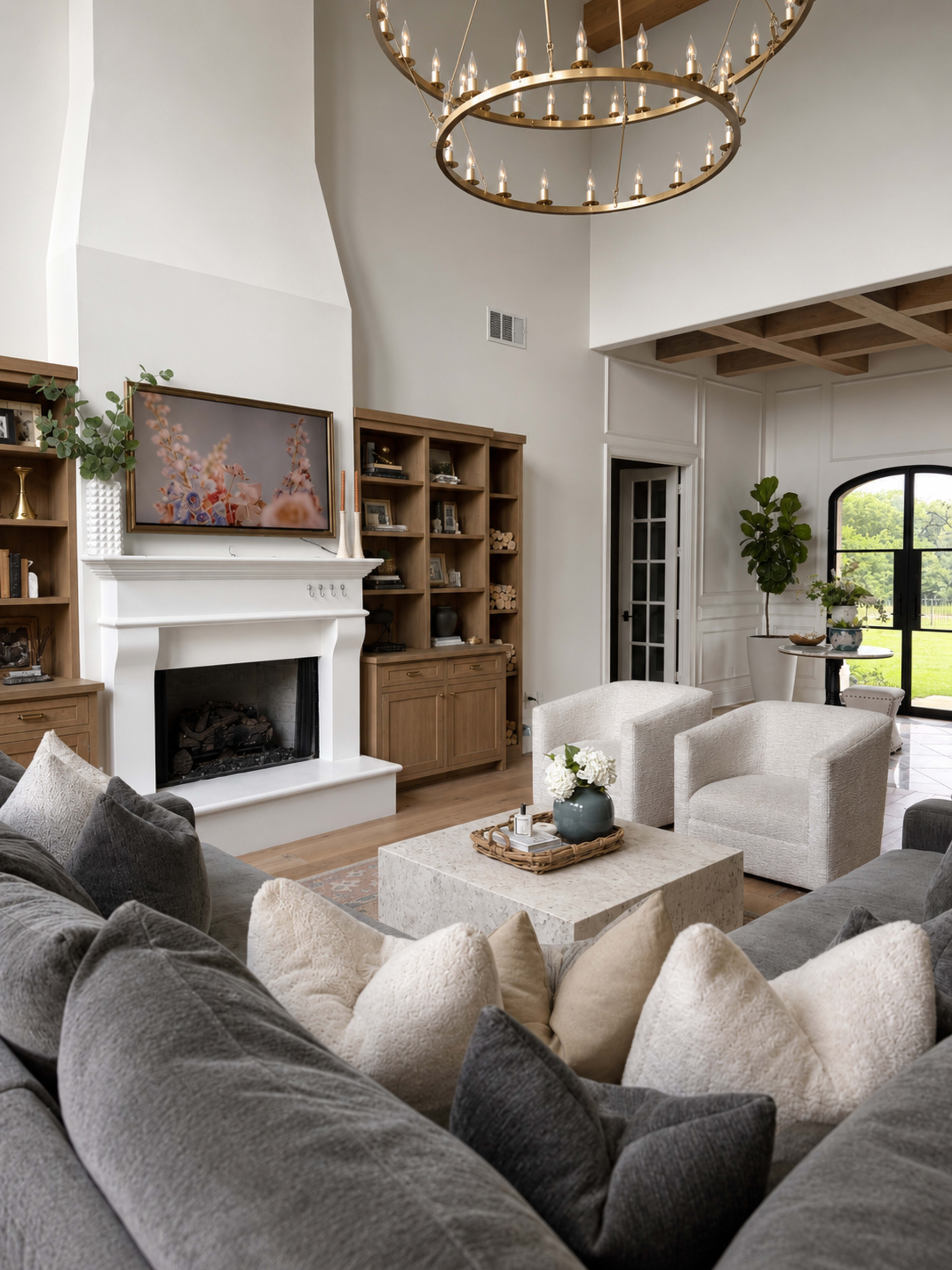 The image shows a spacious living room featuring a large gray sectional sofa, two light-colored armchairs, a stone coffee table, and a decorative chandelier overhead, with built-in shelves displaying various items and a fireplace in the background.