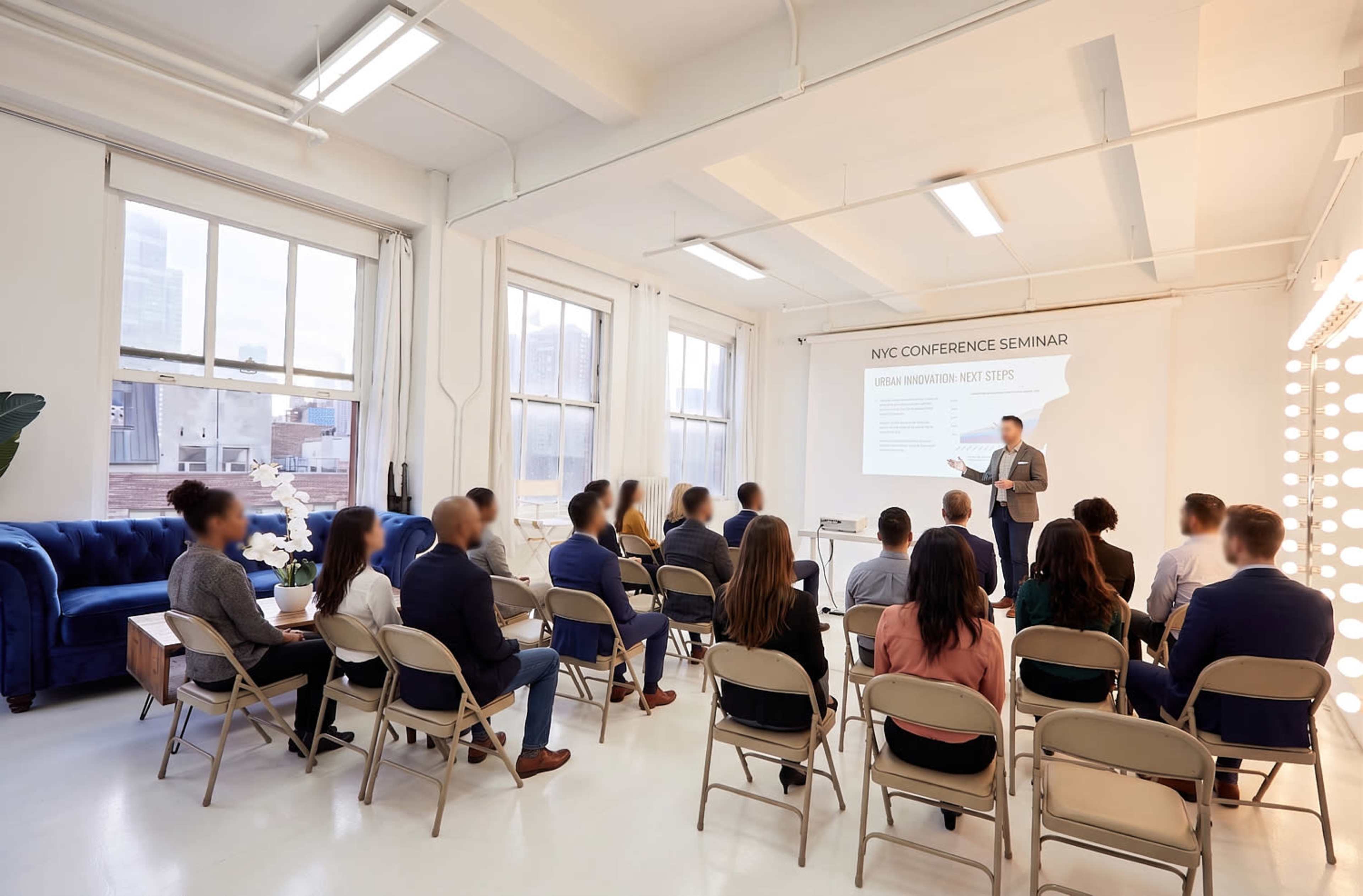 A speaker presents during a seminar in a conference room with attendees seated in rows facing a screen displaying information about the event.