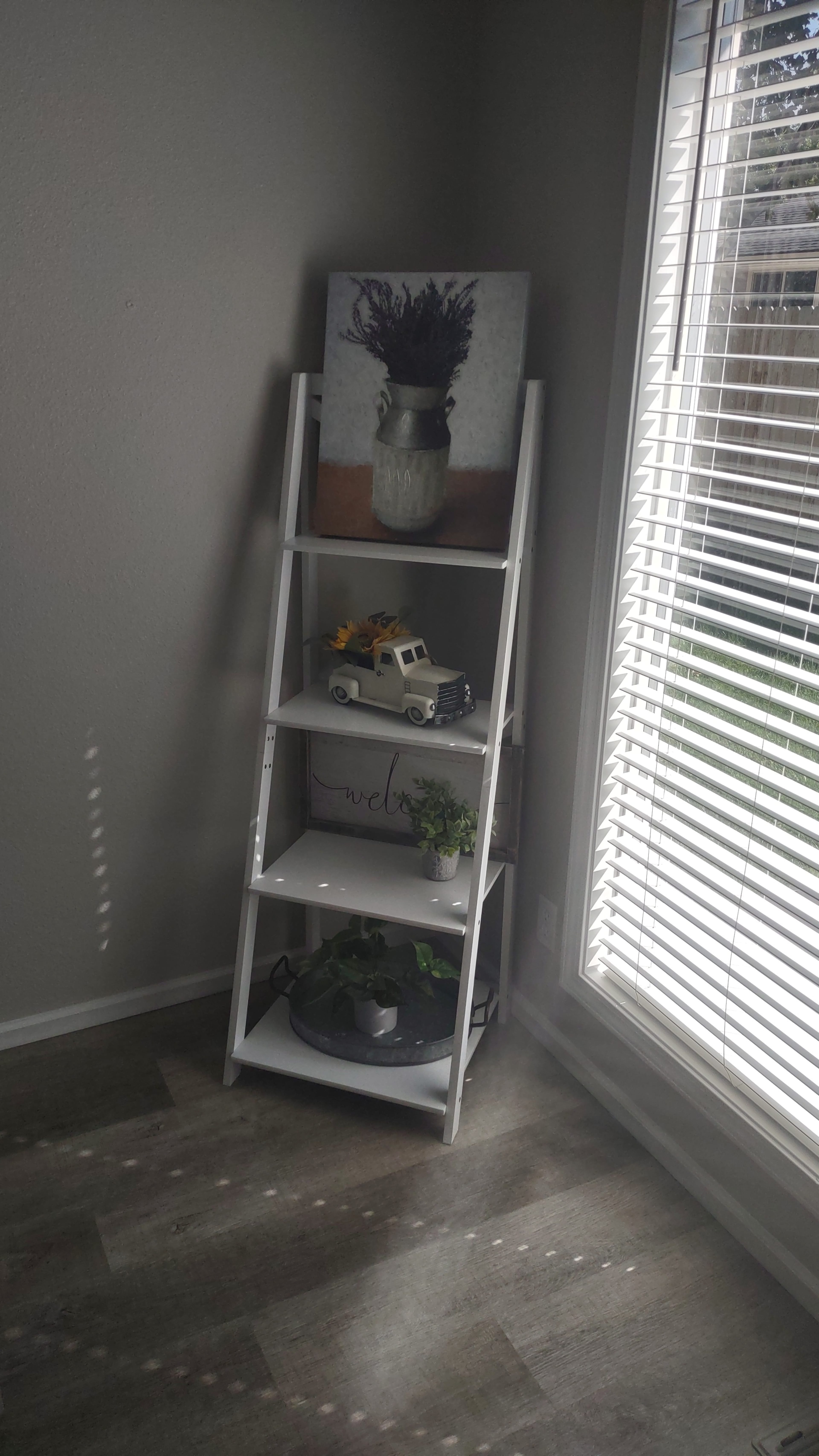 A white ladder-style bookshelf is positioned in a corner, displaying a painting, a toy truck, small plants, and a decorative sign, with sunlight casting shadows through the blinds.