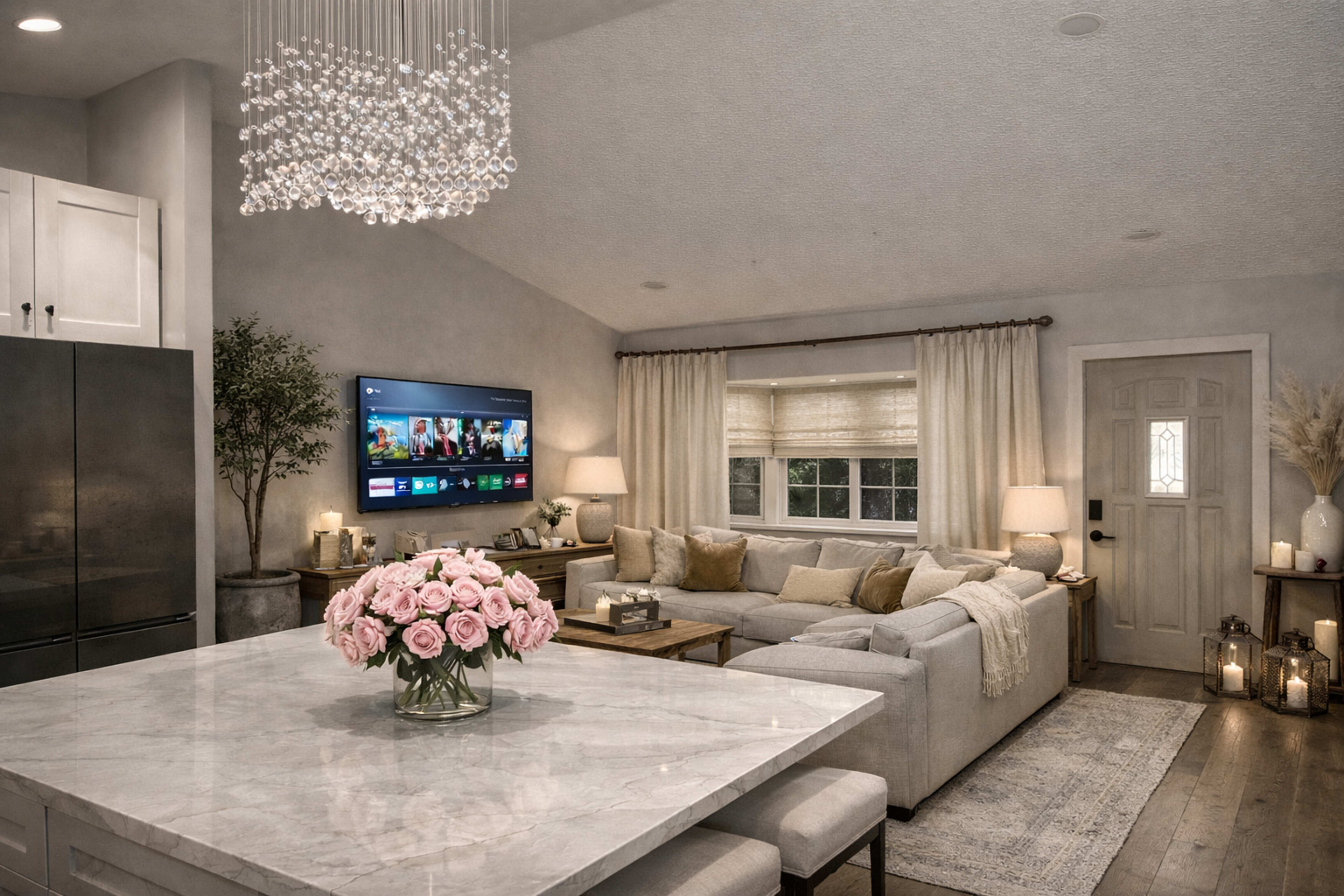 A cozy living room features a large sectional sofa, a television on the wall, and a marble dining table adorned with a vase of pink roses.