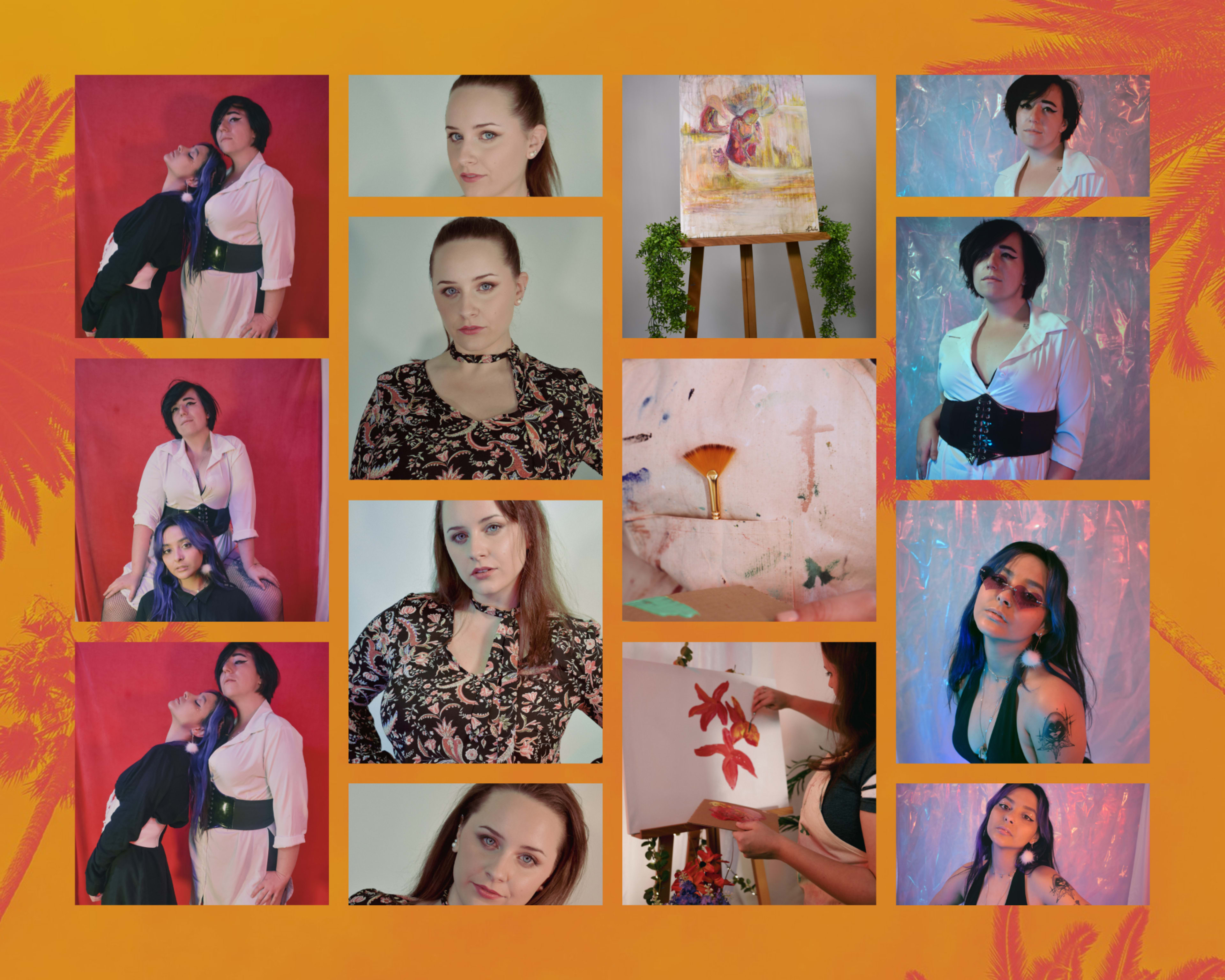 A collage of various individual portraits and artistic elements against vibrant backgrounds, including a painting and paintbrush.