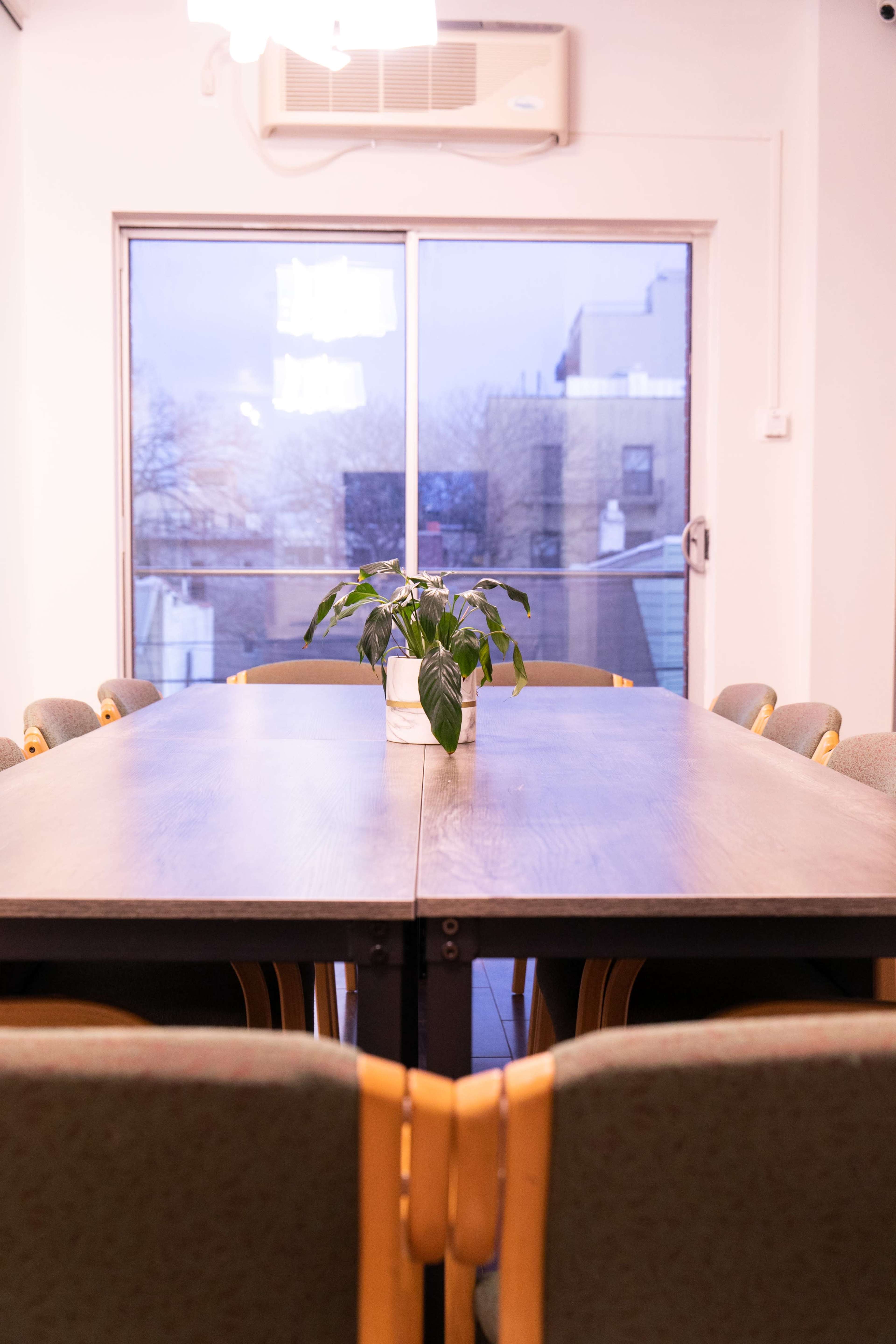 A long wooden dining table is set in a brightly lit room, with a small potted plant in the center and chairs arranged around it, facing a large window.