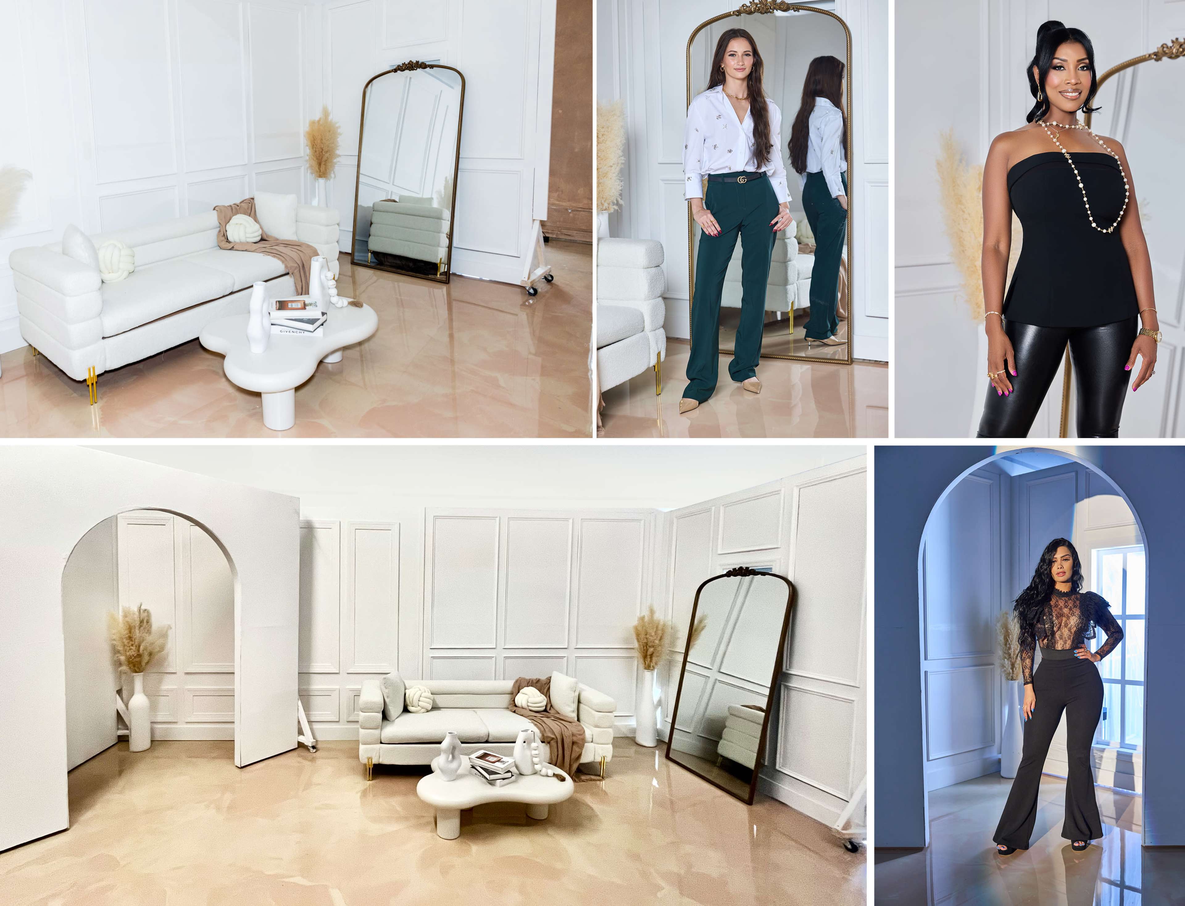 The image features a modern interior design of a minimalist room with a large mirror, stylish furniture, and several women posing in fashionable outfits.
