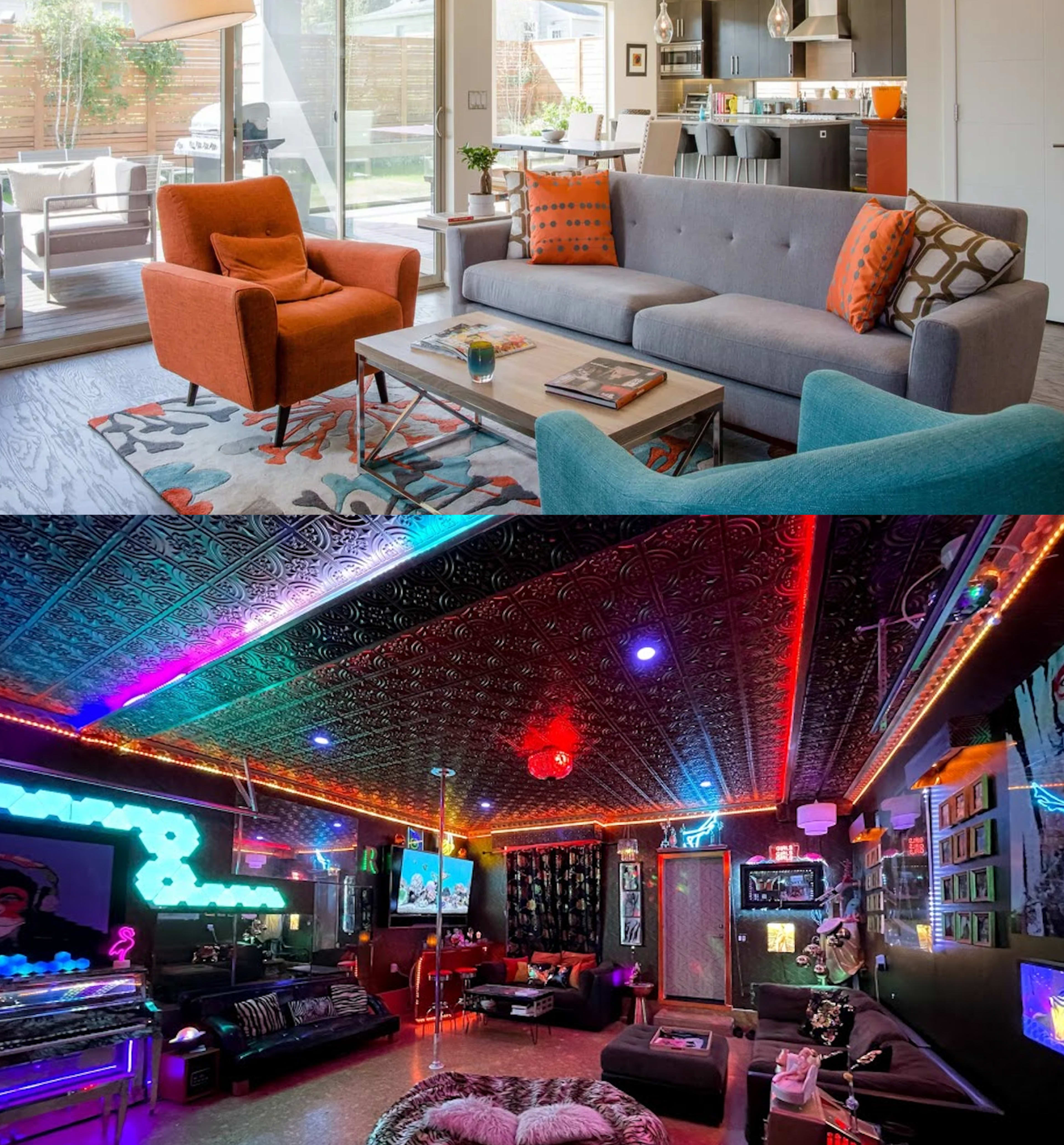 A two-part scene: the top half displays a modern living room with a gray couch and orange accent chairs, while the bottom half showcases a vibrant, neon-lit entertainment room filled with colorful lighting and plush furniture.